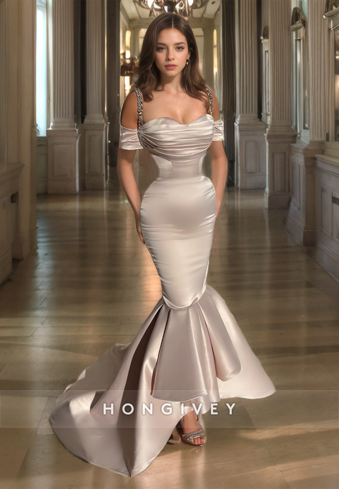 Elegant Sweetheart Off-Shoulder Beaded Satin Mermaid/Trumpet Prom Dress Champagne Long Formal Evening Gown - Fashionpara