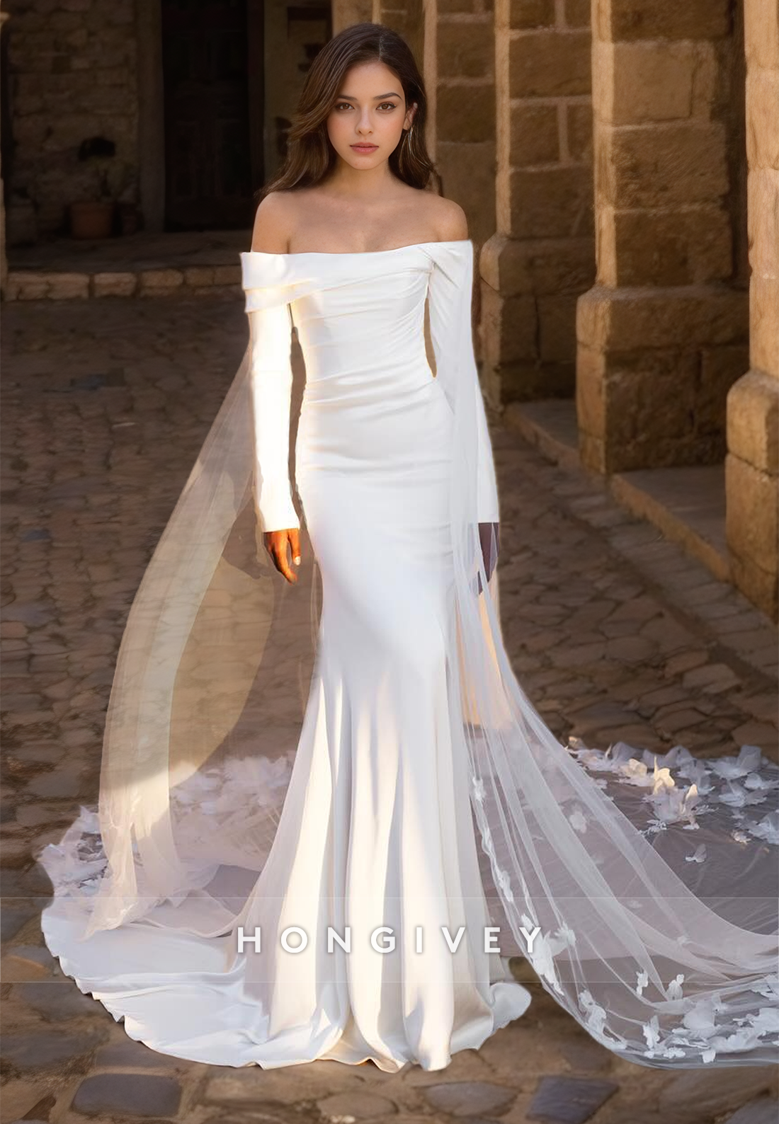 Elegant Mermaid Wedding Dress with Train Applique Long Sleeves Bride Gown