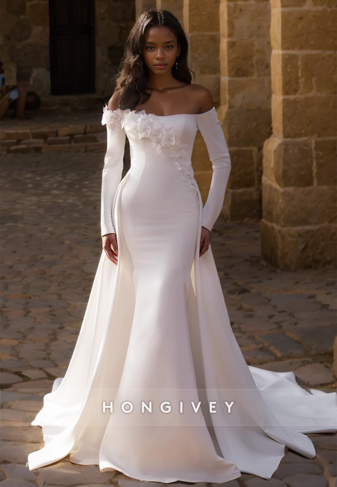 Floral Mermaid Wedding Dress with Train Long Sleeves Satin Bride Gown