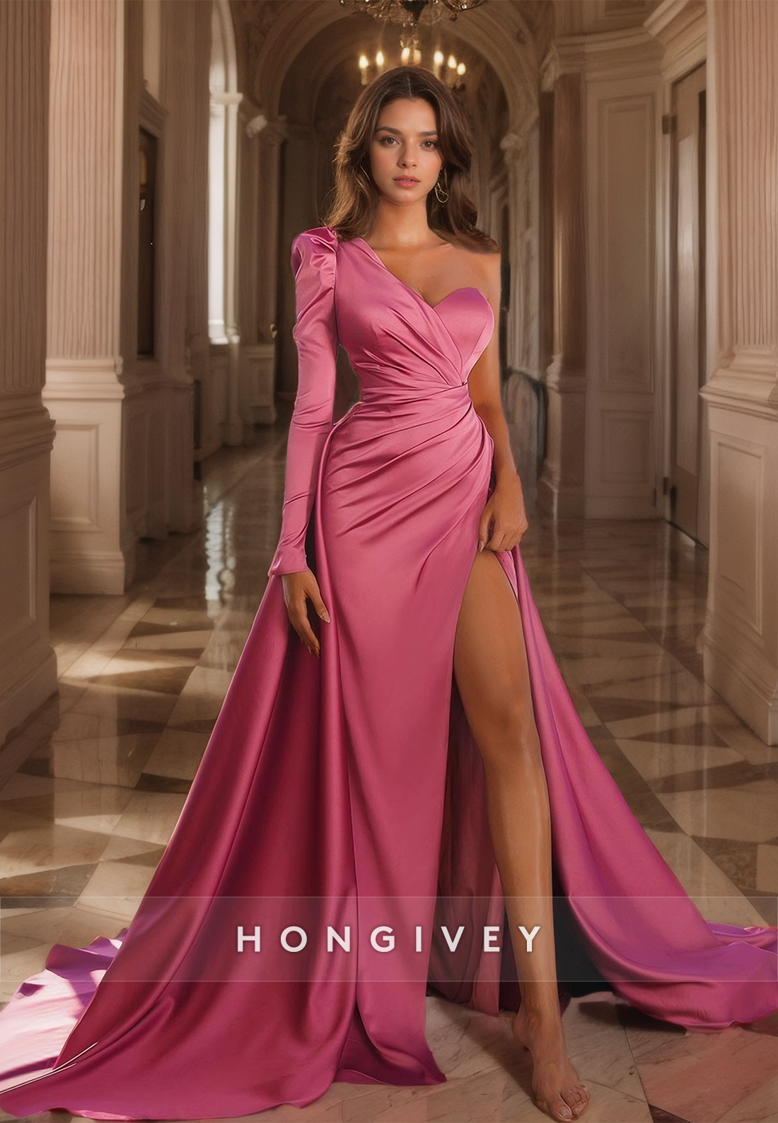 Solid One Shoulder Evening Dress with Train Classic Side Slit Satin Prom Gown