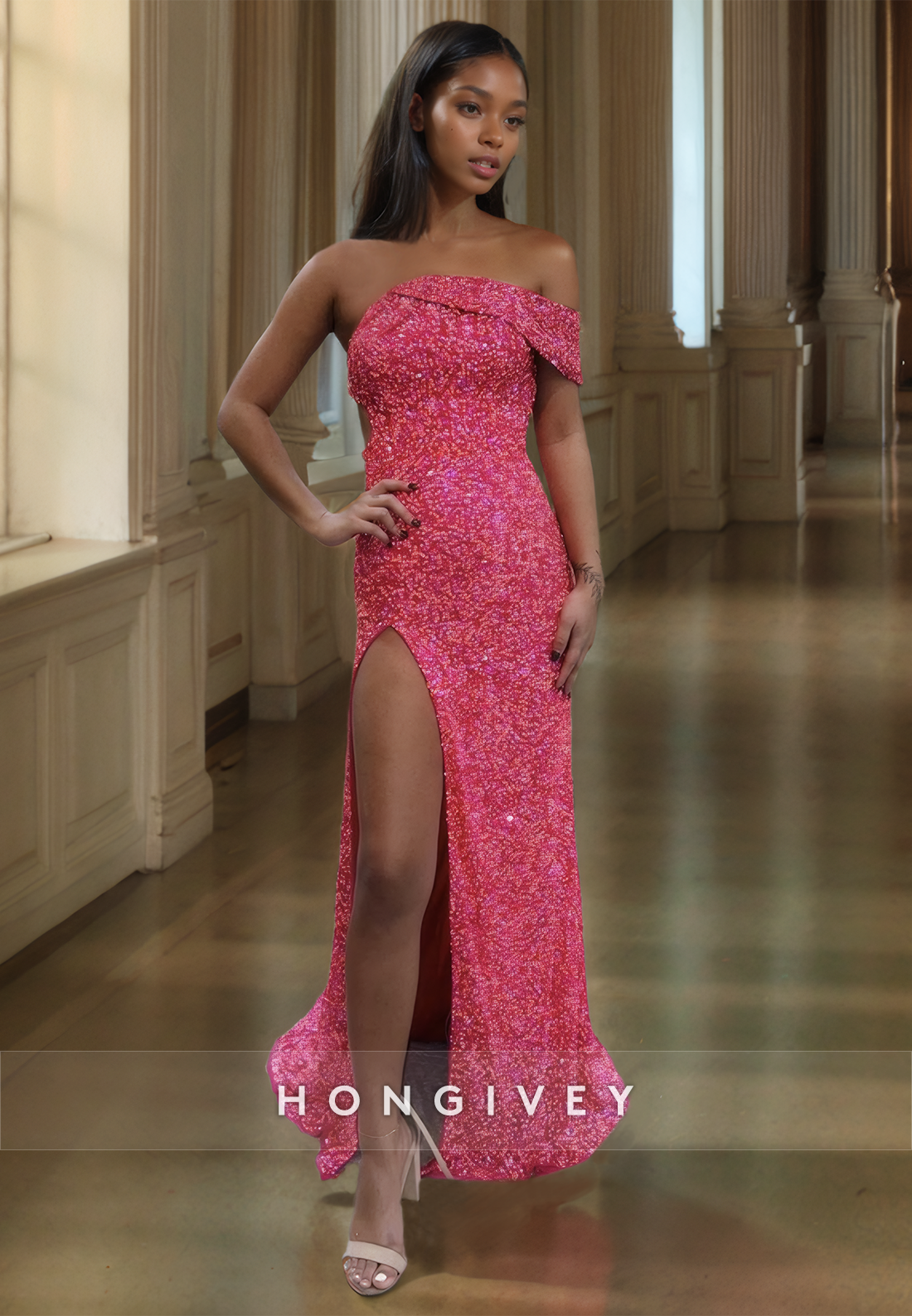 Sexy Fitted Glitter One Shoulder Fully Beaded With Side Slit Train Party Prom Evening Dress - Fashionpara