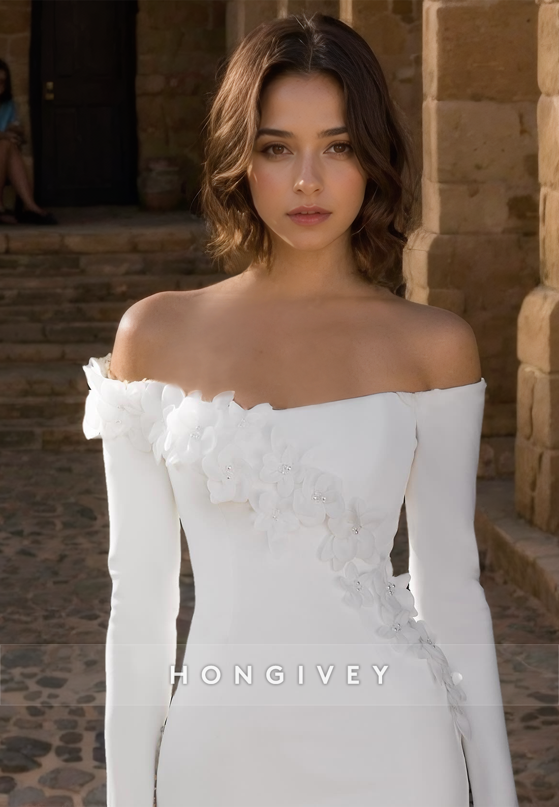 Floral Mermaid Wedding Dress with Train Long Sleeves Satin Bride Gown