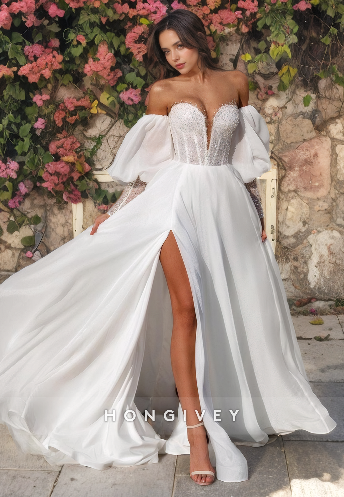 Applique Strapless Tulle Wedding Dress Long Sleeves A-Line with Side Slit Bride Gown