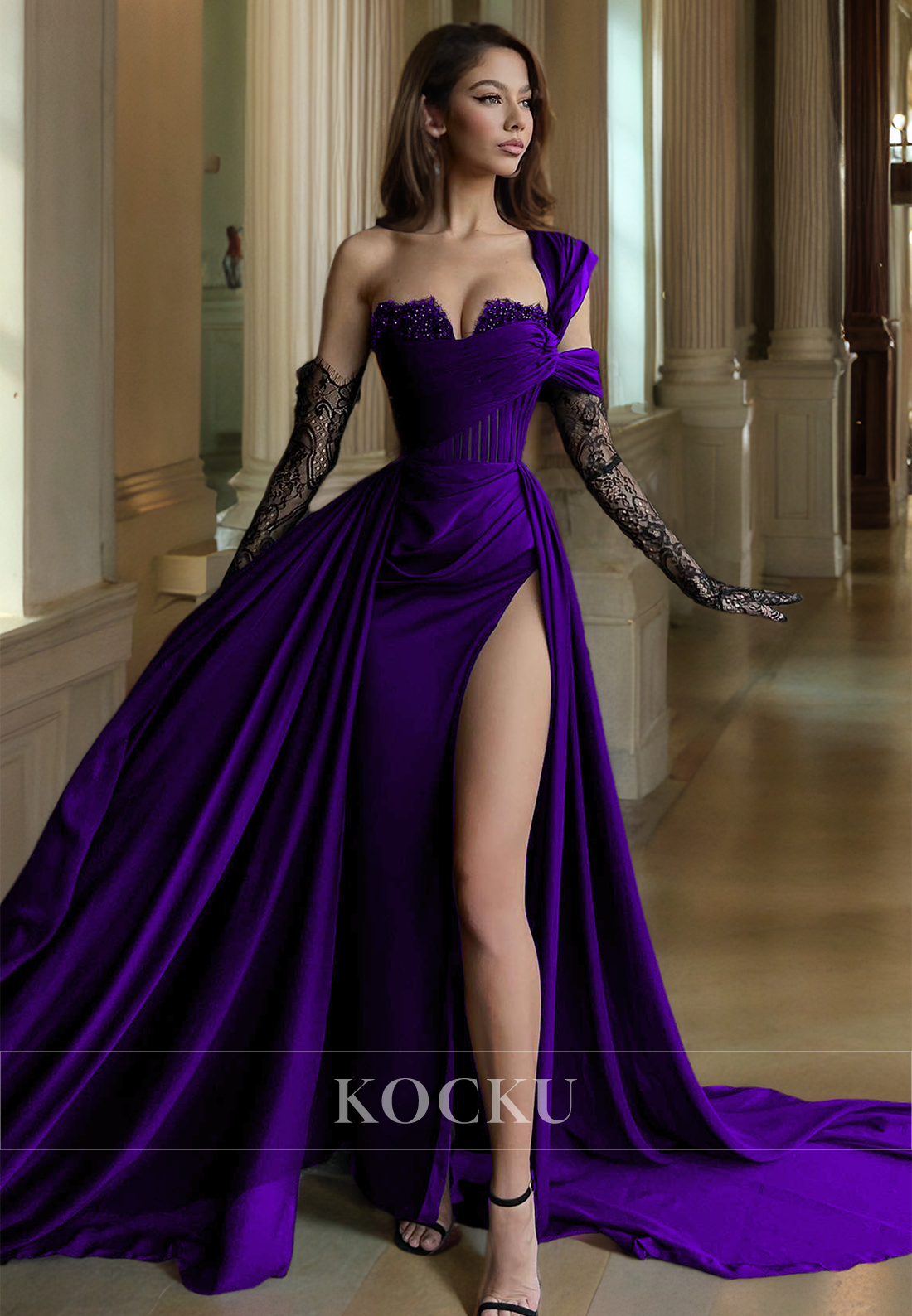 Chic & Modern One Shoulder Sweetheart Sheath Pleats Chiffon Evening Party Prom Dress with Long Gloves