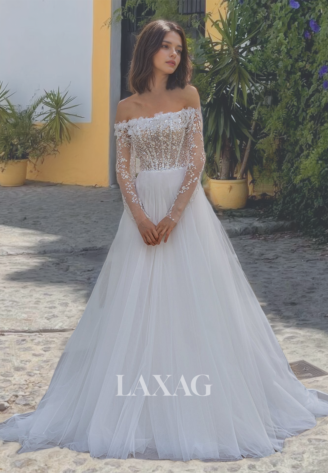 Tube Top Long Sleeves Illusion Cutout A-Line Bridal Dress Beaded and Applique Tulle Wedding Dress - Fashionpara