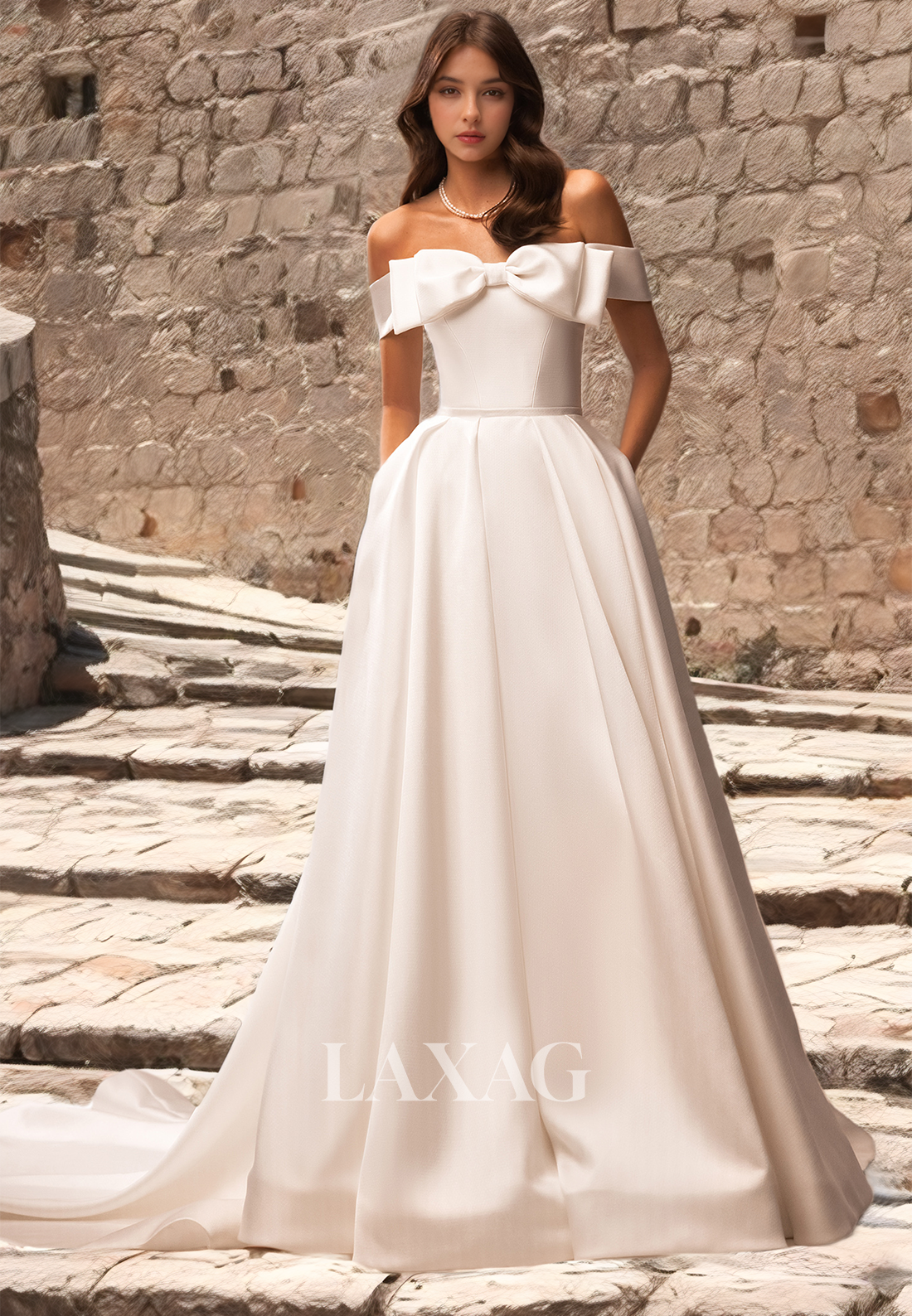 Simple A-Line Sleeveless Wedding Dress Bows Off-Shoulder Satin Bridal Dress with Train - Fashionpara