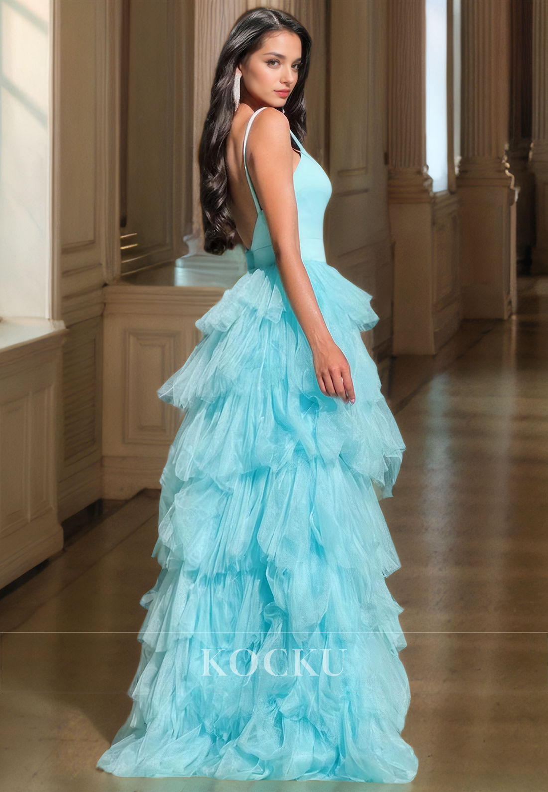 A-Line Spaghetti Straps V-Neck Prom Dress Sleeveless Floor-Length Lace Party Dress with Slit