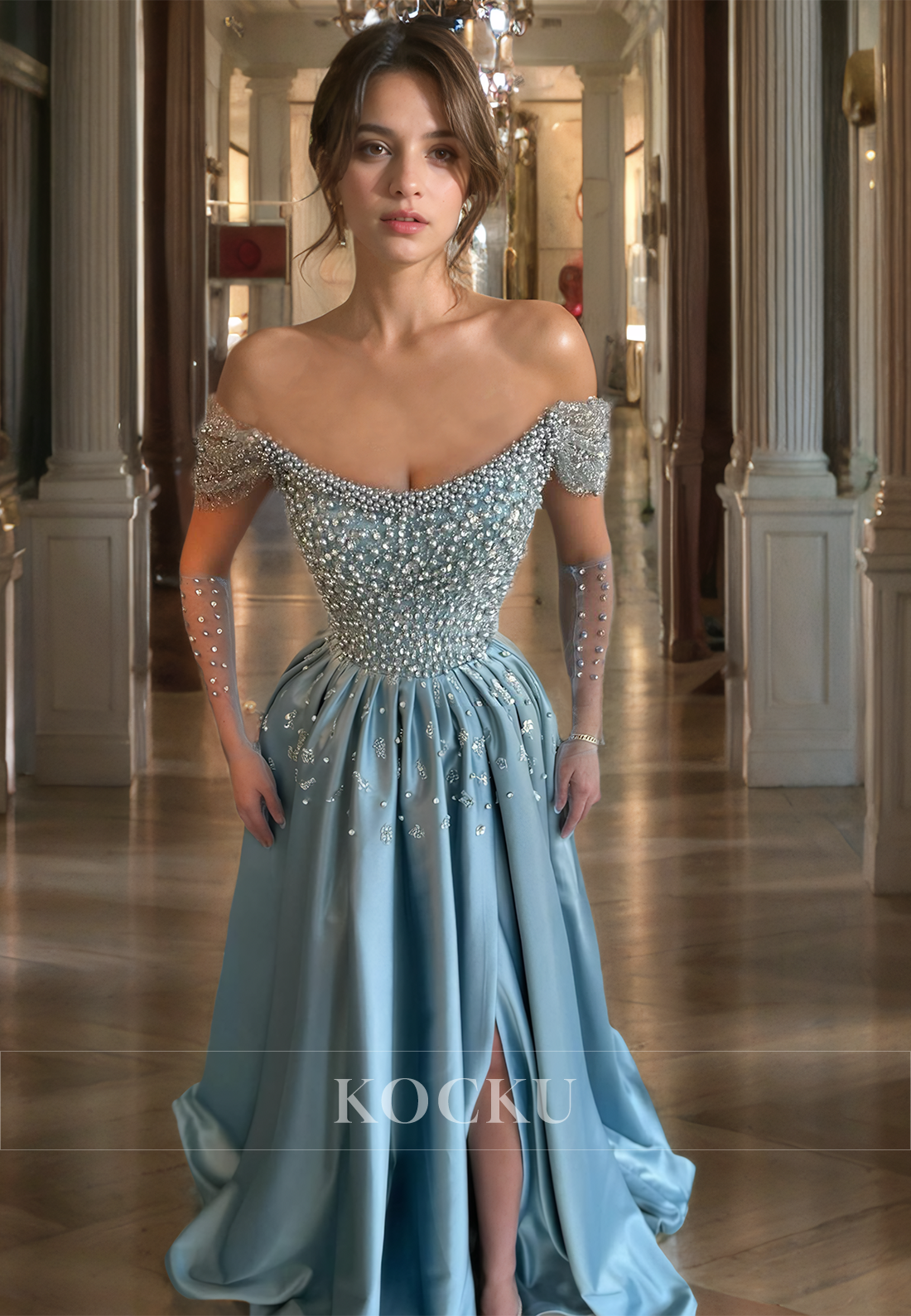 Off-Shoulder Tube Top Sleeveless A-Line Prom Dress Slit Train Beads Satin Evening Dress with Gloves