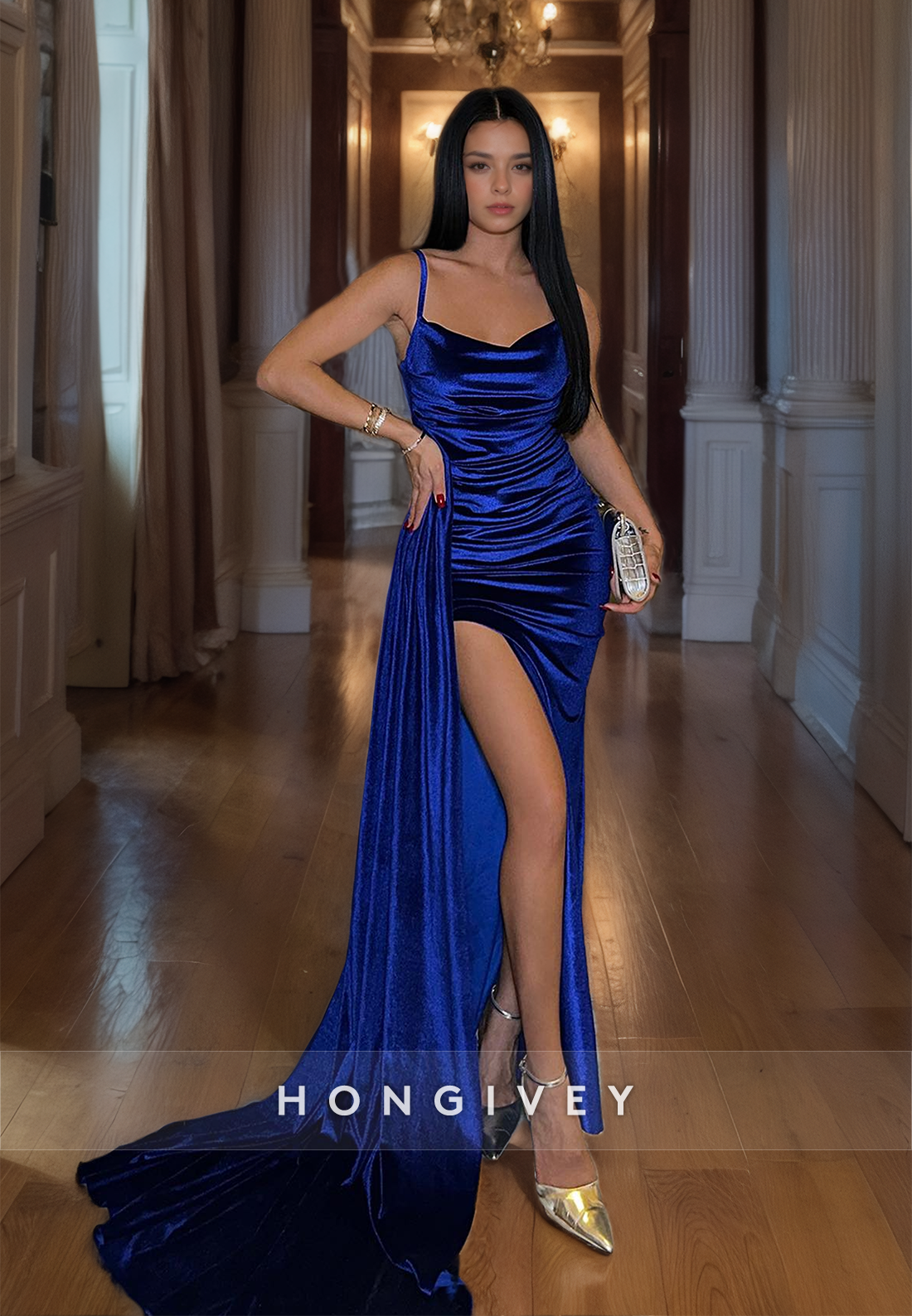 Royal Blue Velvet Evening Dress Straps Side Slit with Train Formal Party Gown