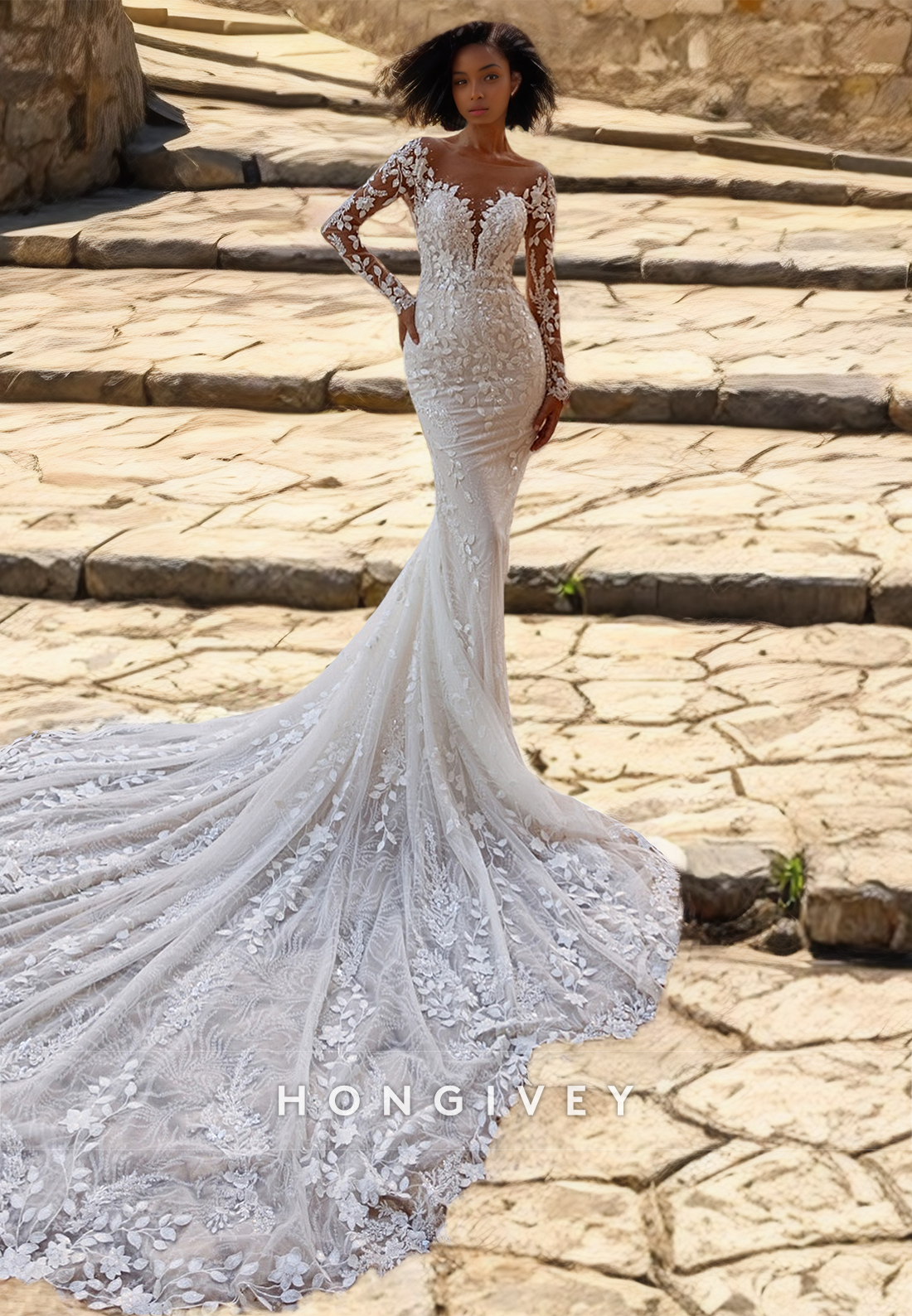 Luxury Applique Mermaid Wedding Dress with Train Long Sleeves Beaded Floral Bride Gown