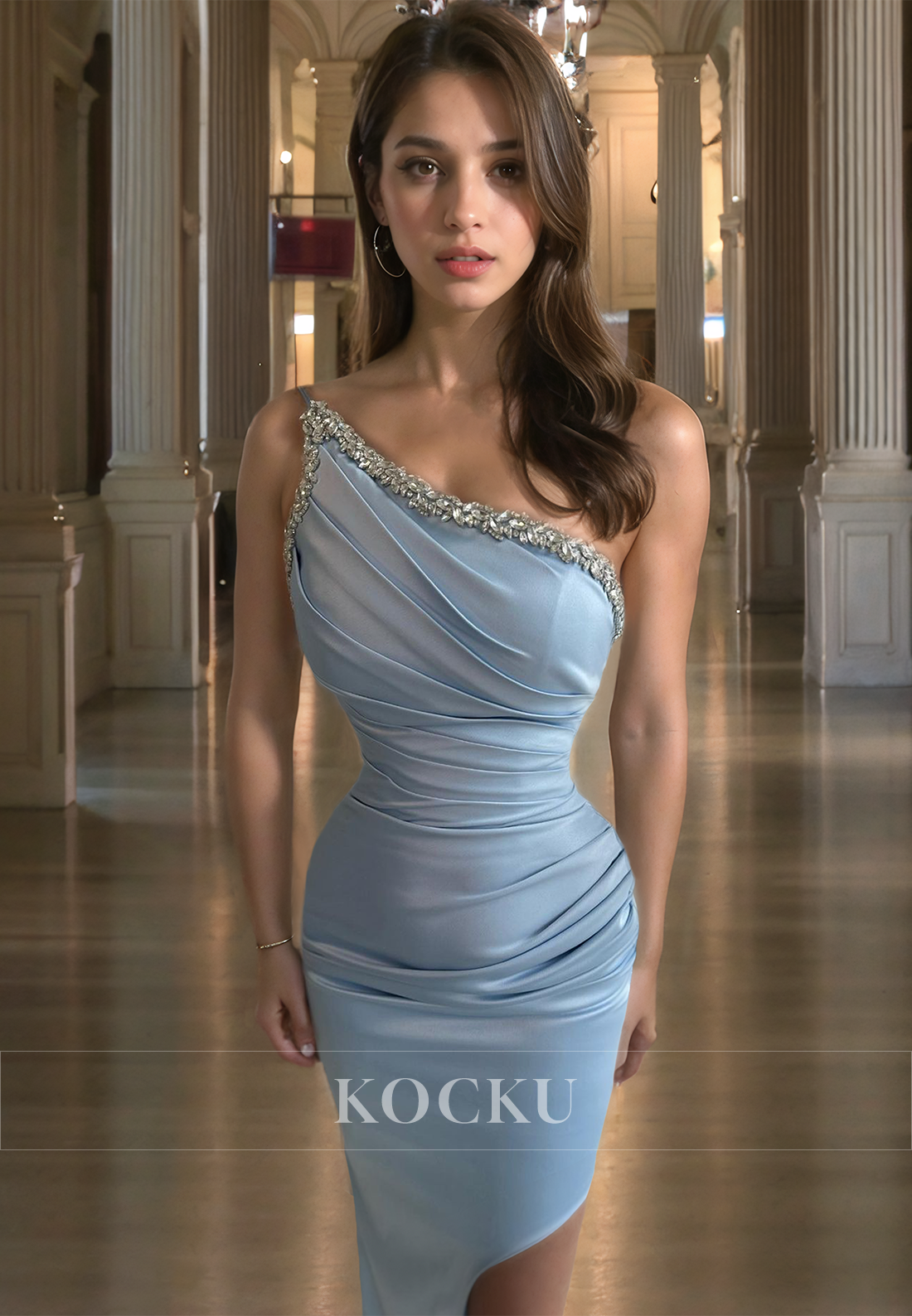 Asymmetrical One Shoulder Sleeveless Floor-Length Pleats Satin Prom Dress with Slit Party Gowns