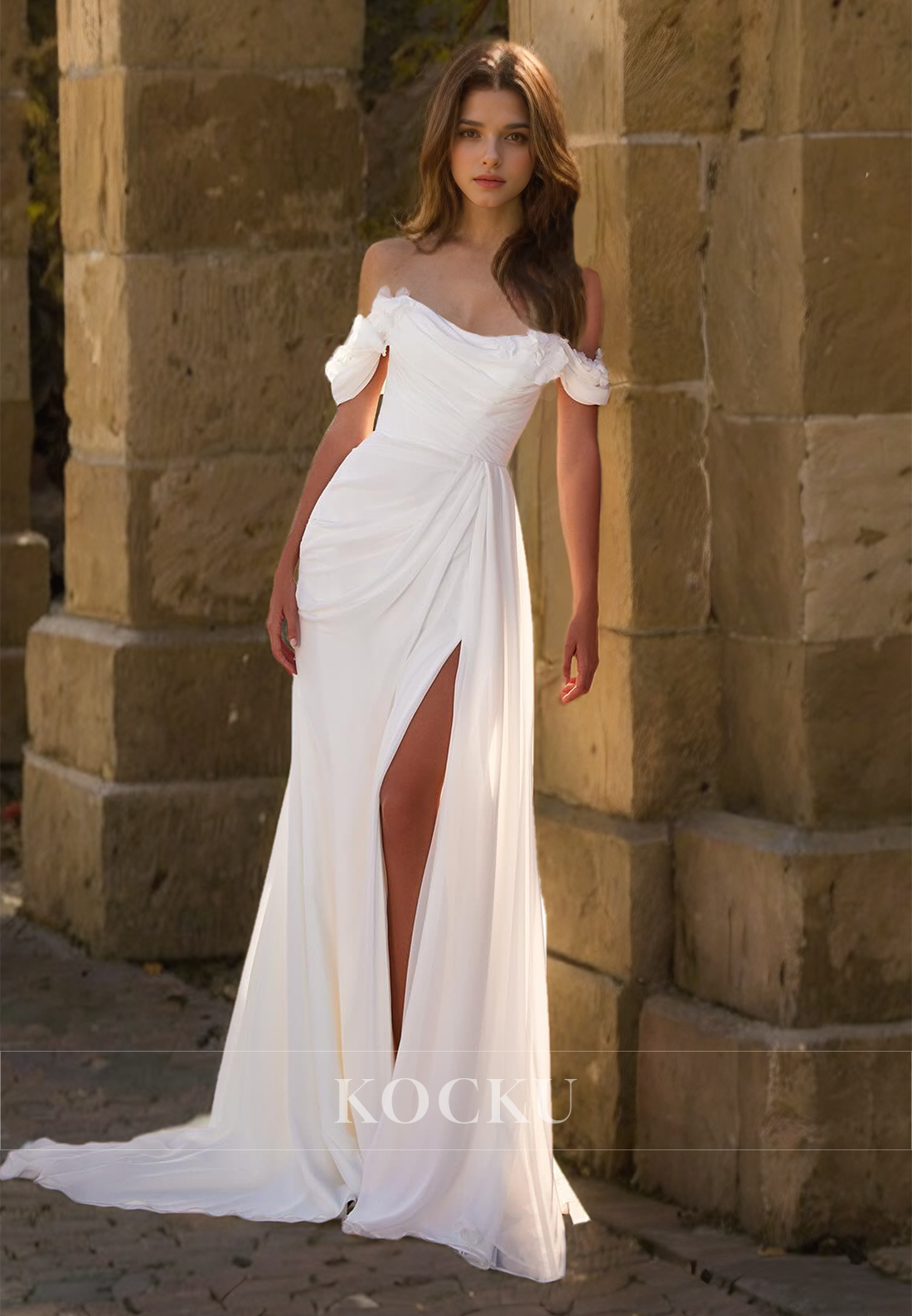 Tube Top Sheath Sleeveless High Slit Train Pleated Lace Wedding Dress with Floral Bridal Gowns