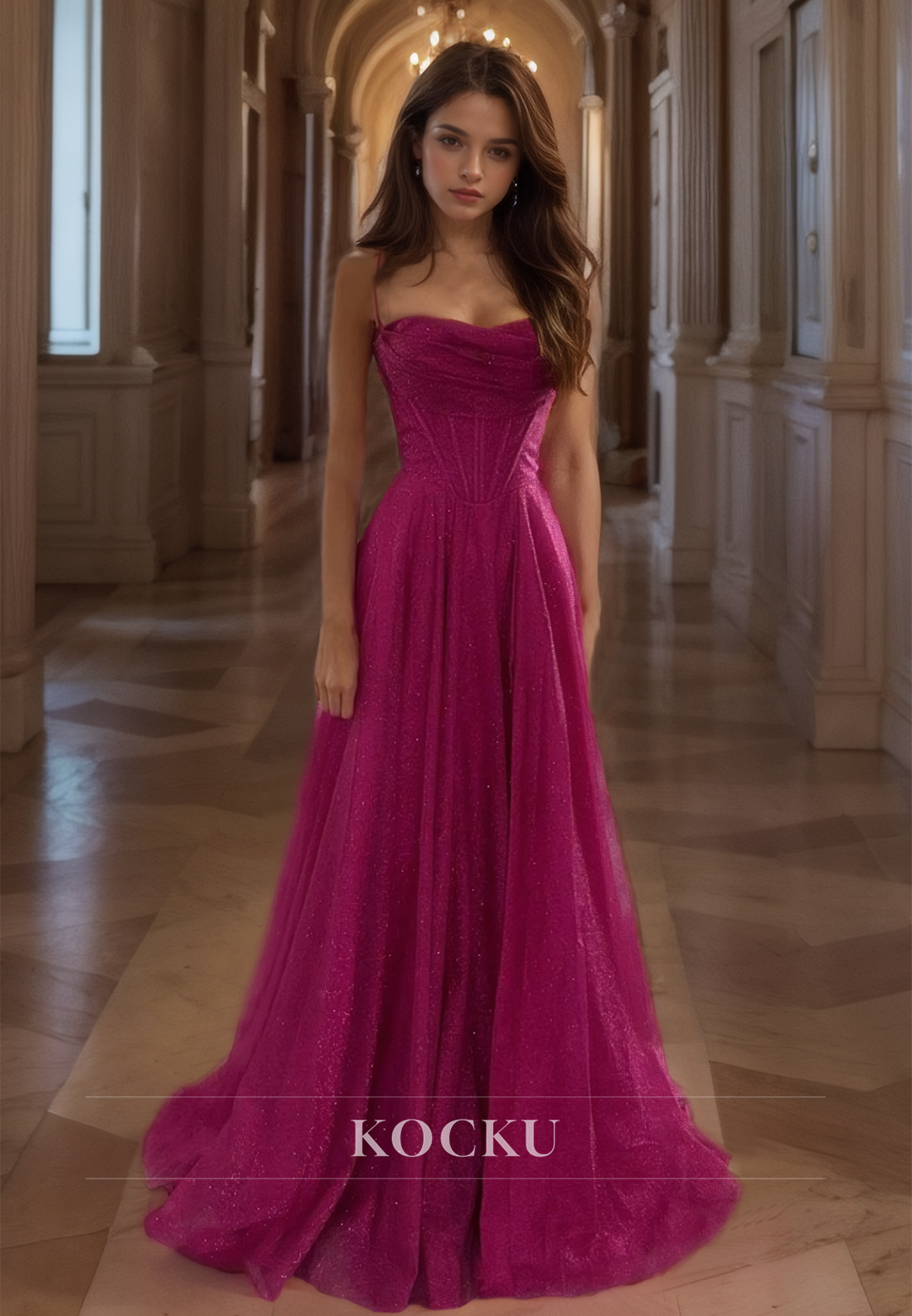 Spaghetti Straps A-Line Sleeveless Sweetheart Stripe Glitter Knit Prom Dress with Train Evening Gown