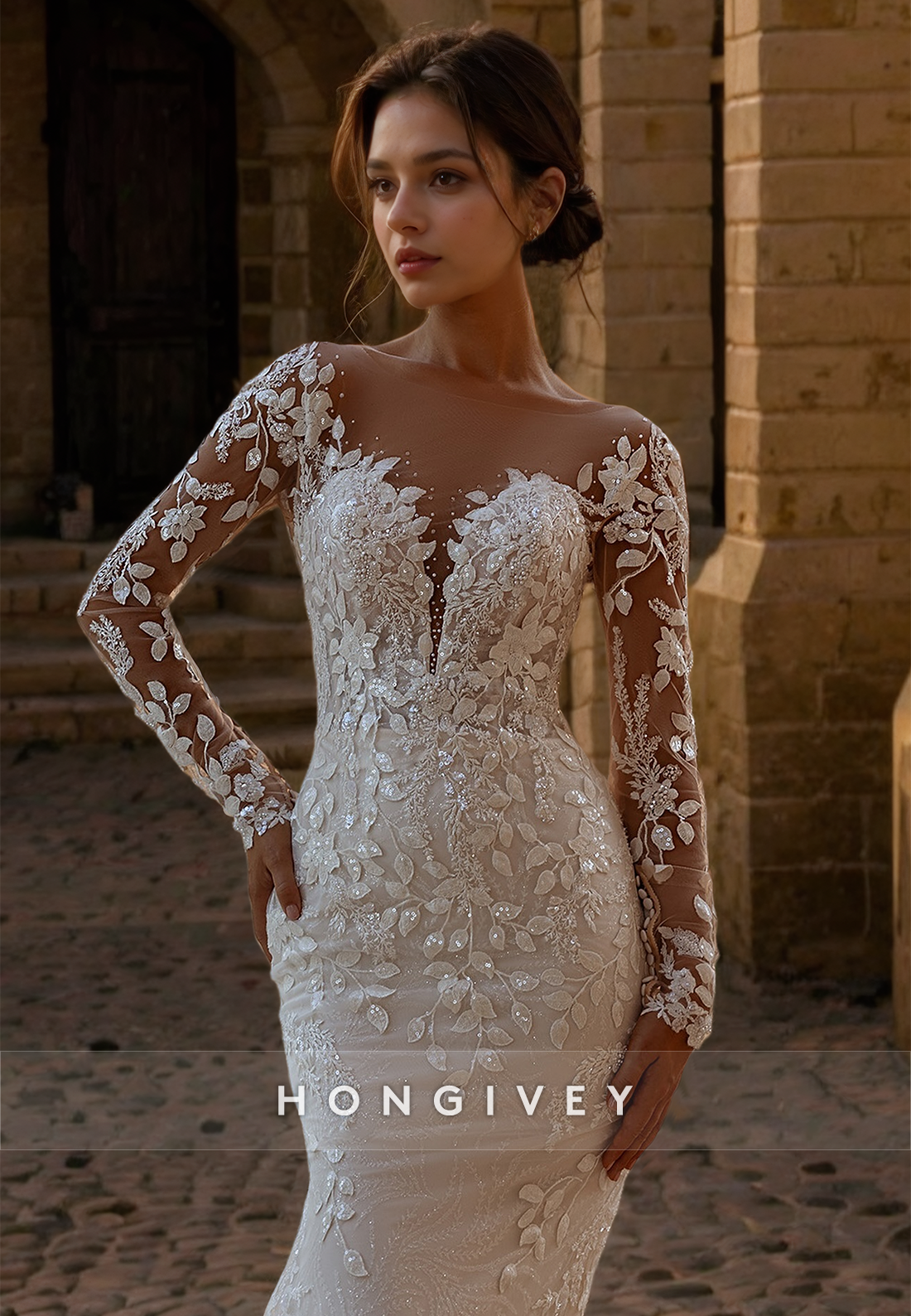 Luxury Applique Mermaid Wedding Dress with Train Long Sleeves Beaded Floral Bride Gown