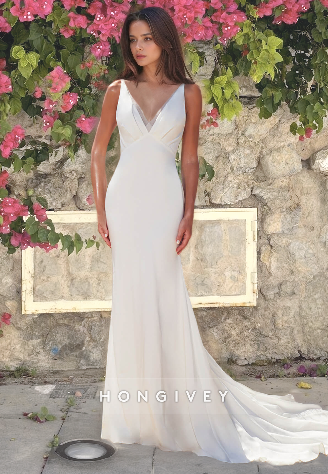 Sexy V-Neck Backless Straps Mermaid Beach Wedding Dress with Train Bride Gown