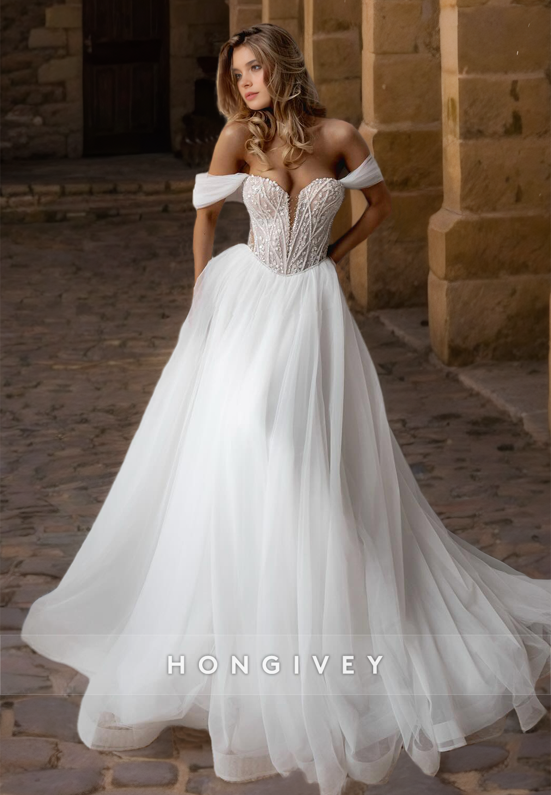 Classic Off-Shoulder Wedding Dress Sweetheart A-Line Tulle Bride Gown