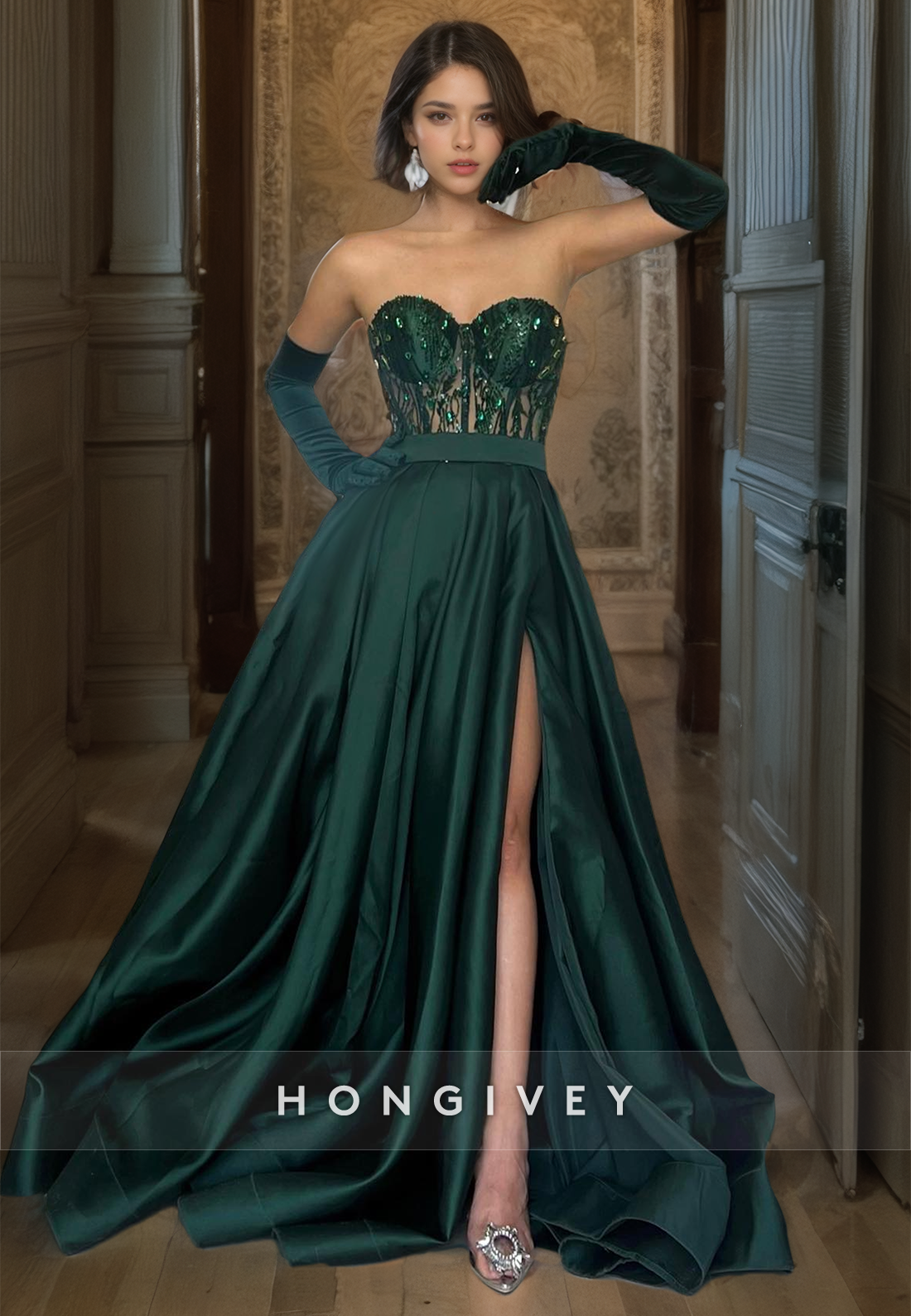 Pine Dark Green Strapless A-Line with Gloves Glitter Evening Dress Prom Dress