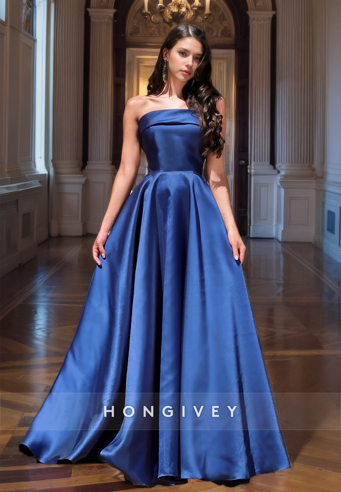 Dark Navy Strapless Ruched A-Line Satin Long Prom Dress Formal Party Gown