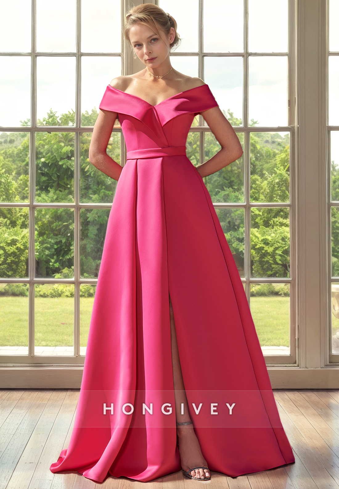 Satin A-Line Off-Shoulder Sleeveless With Side Slit Mother of the Bride Dress