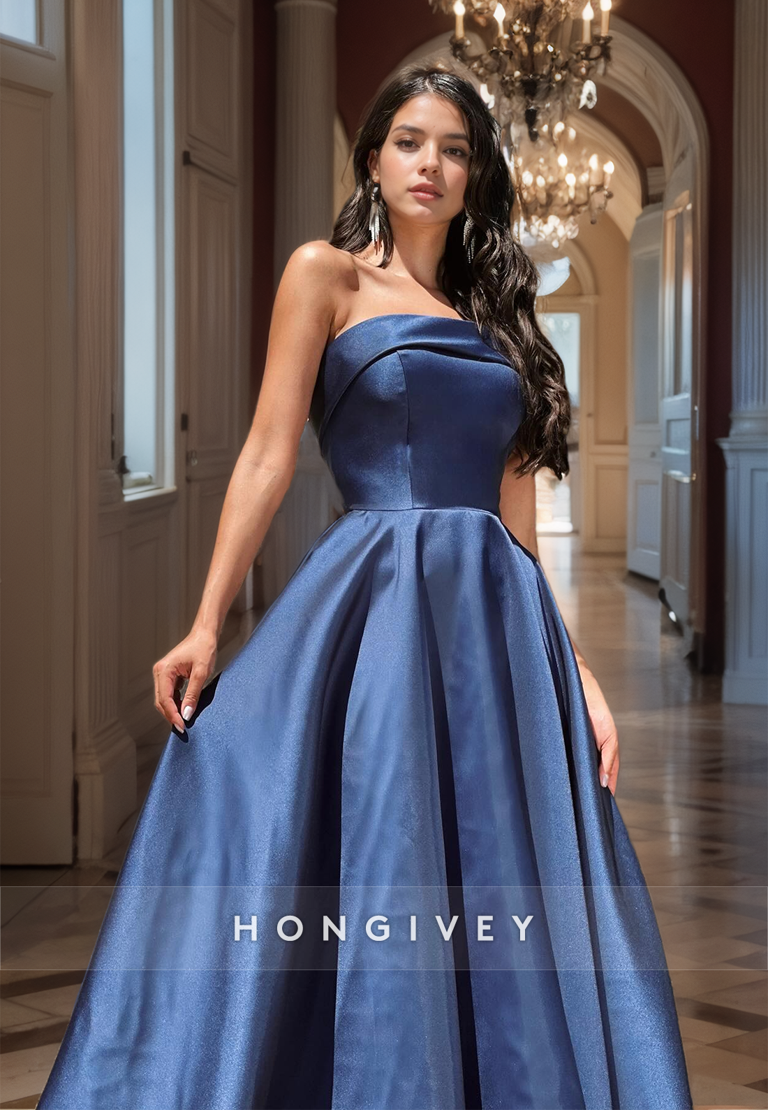 Dark Navy Strapless Ruched A-Line Satin Long Prom Dress Formal Party Gown