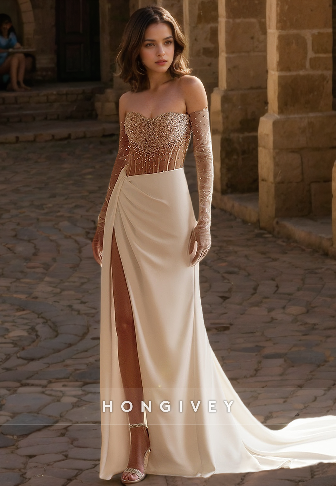 Sparkle Sequined Beaded Wedding Dress with Train Side Slit Sleeves Bridal Dresses