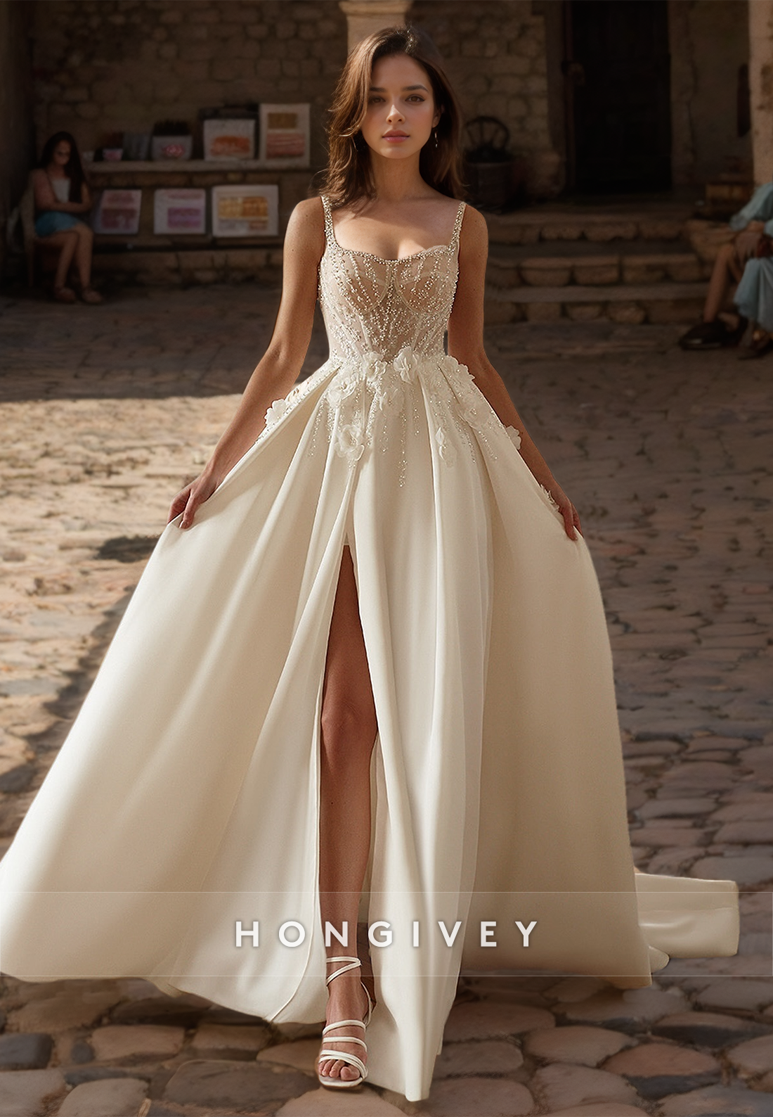 Straps Floral Wedding Dress with Gloves A-Line Side Slit Beaded Bride Gown New