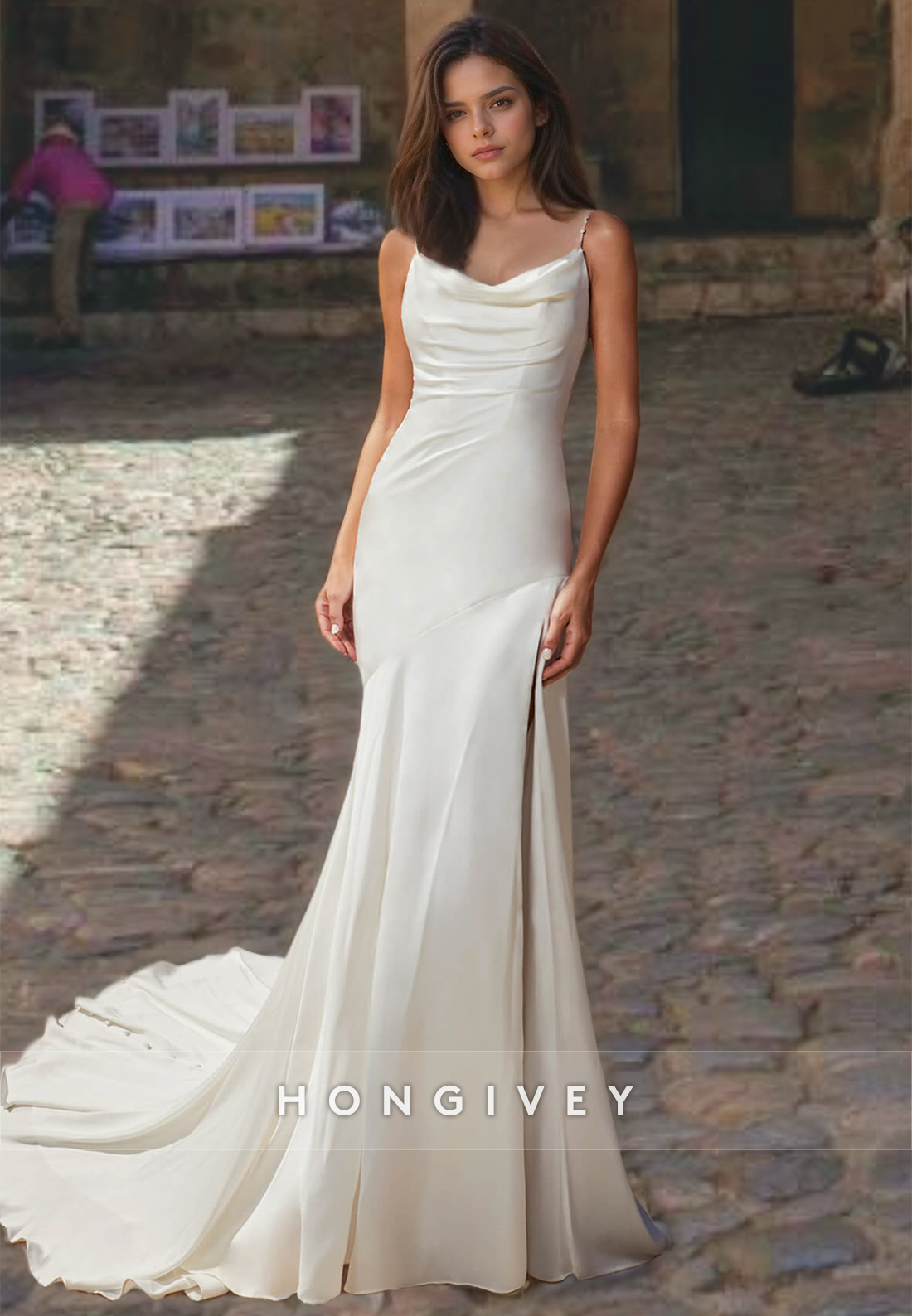 Straps Sleeveless Sheath Satin Wedding Dress with Side Slit Classic Bride Gown