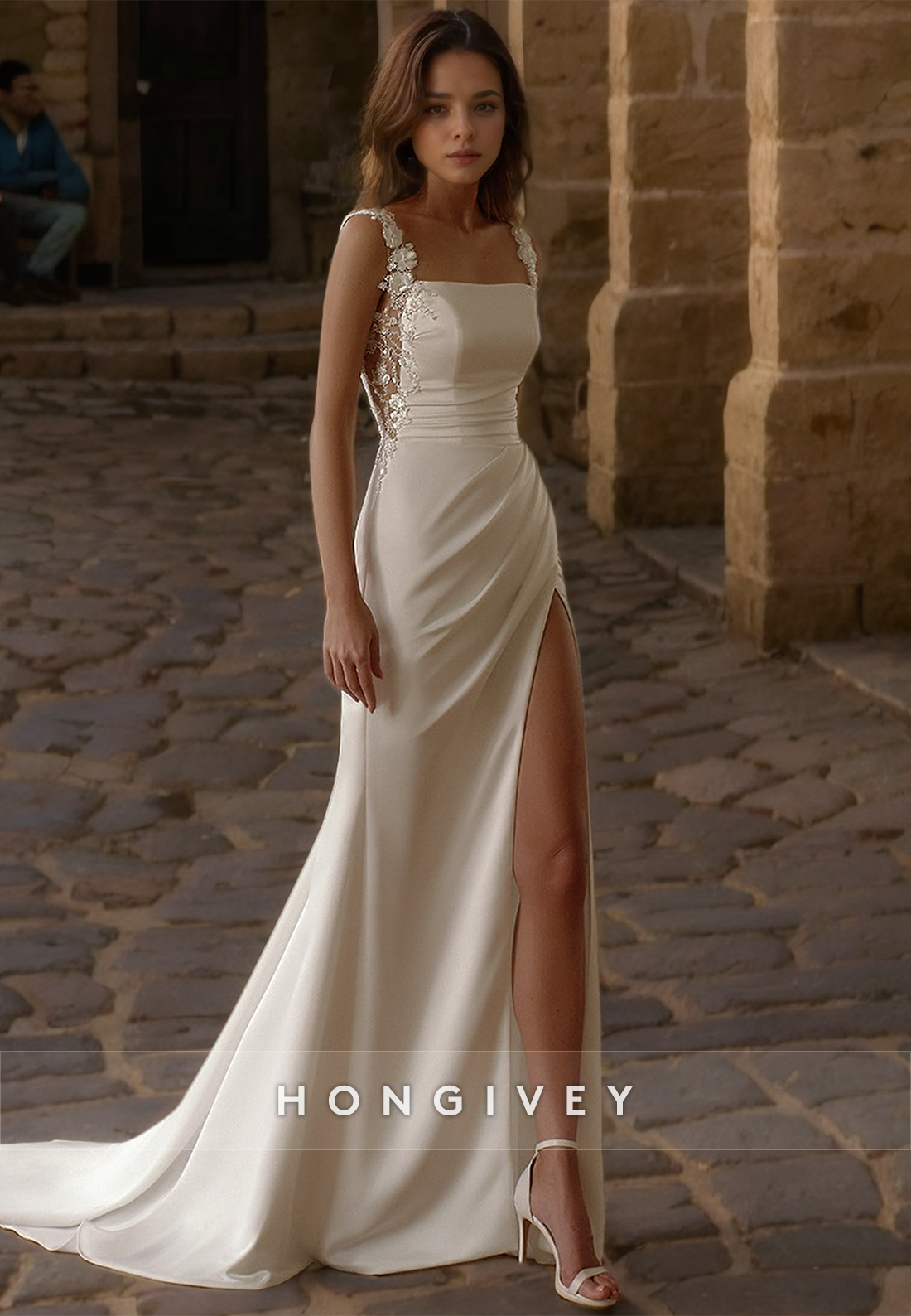 Square Floral Wedding Dress Straps Side Slit Satin Bride Gown with Train