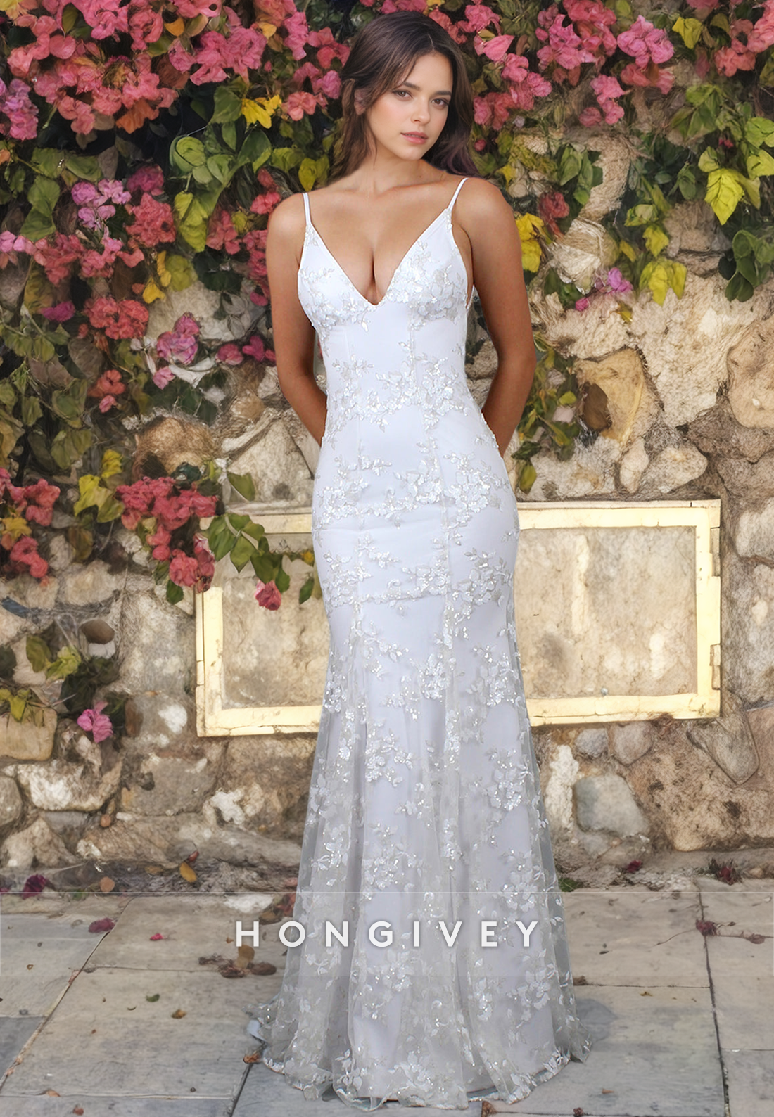 Sexy Straps Full Applique Floral Trumpet V-Neck Wedding Dress Bride Gown