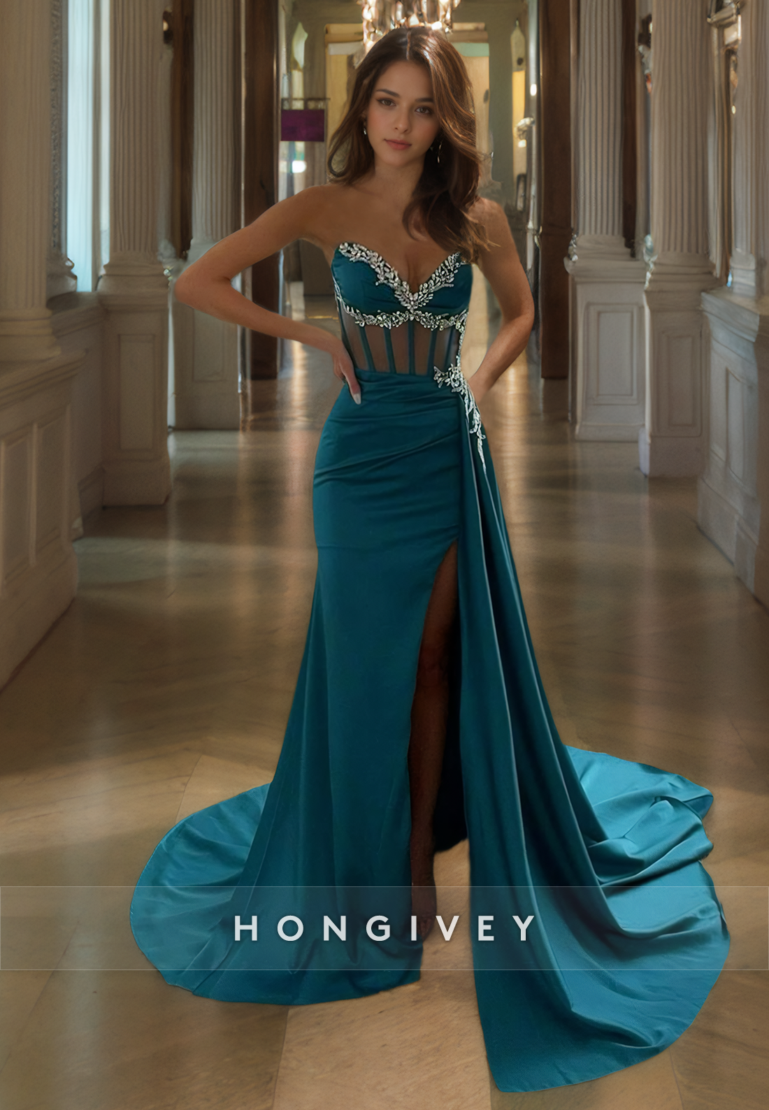 Luxurious Beaded Formal Evening Dress with Train A-Line Strapless Prom Gown - Fashionpara