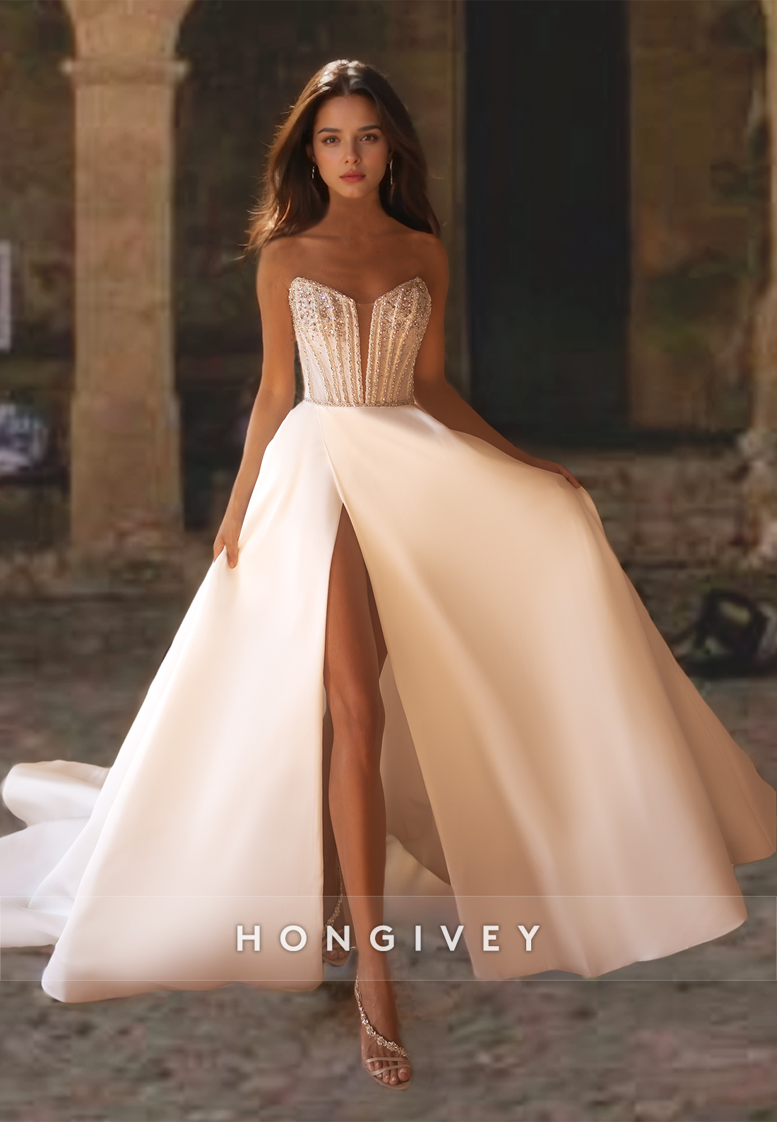 Sexy Strapless Side Slit Beaded Applique A-Line Satin Wedding Dress