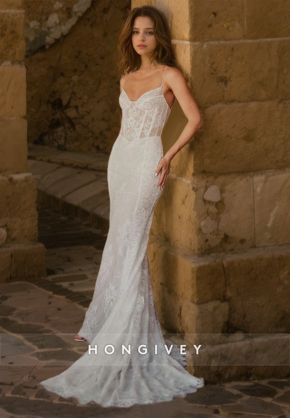 Applique Mermaid Wedding Dress with Train Straps Fitted Bride Gown