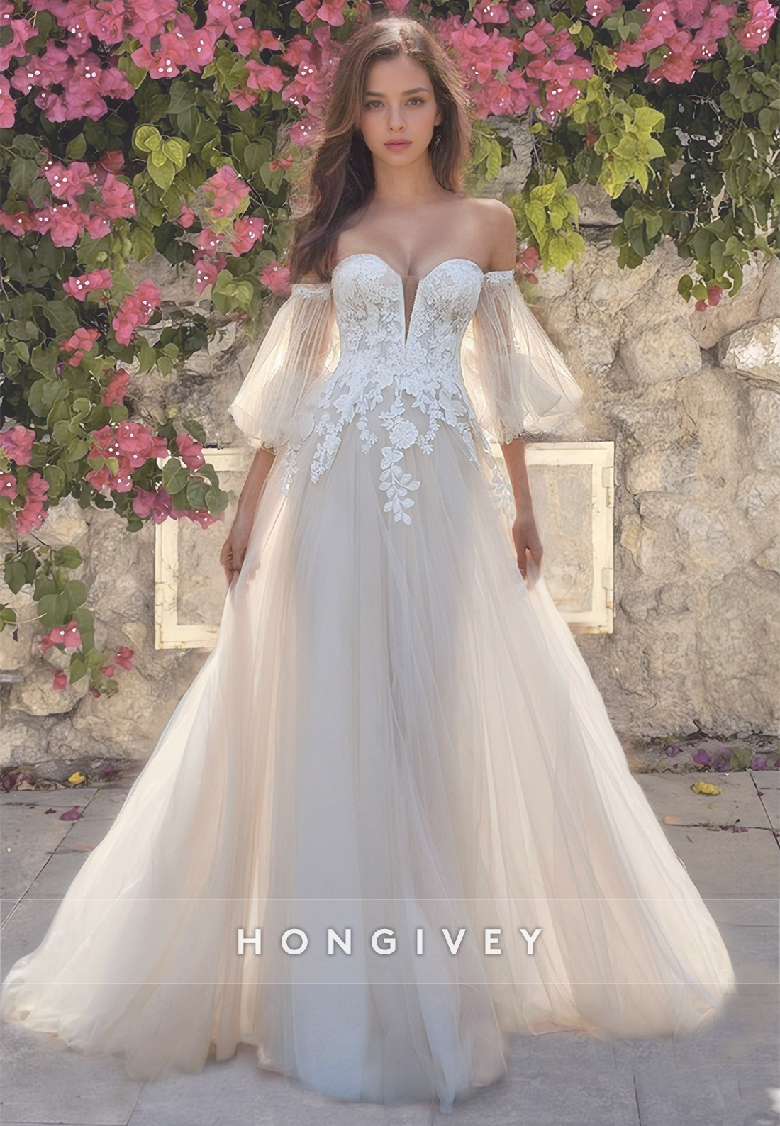 Seewt Strapless Applique Tulle Wedding Dress Sleeves Floor-Length Bride Gown