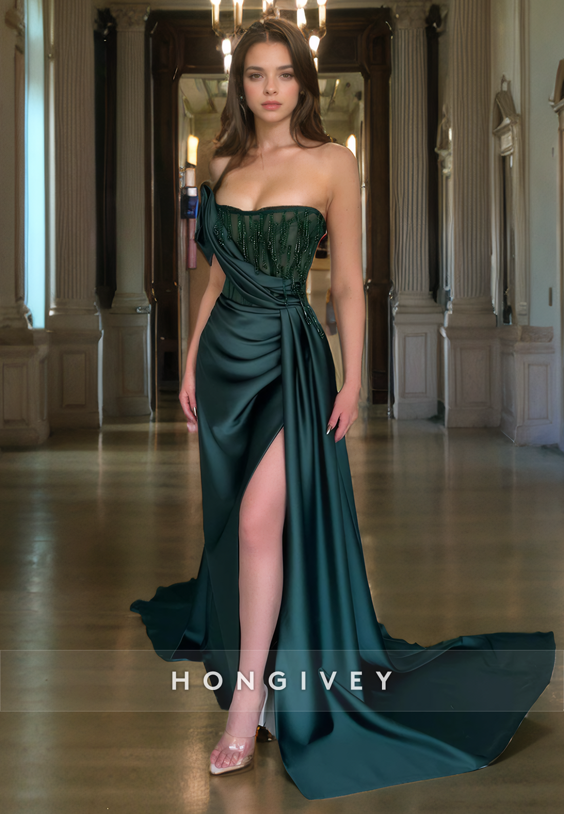L1092 - Bead-Fringed Strapless Sheer With Train And Slit Evening Party Formal Prom Dress - Fashionpara