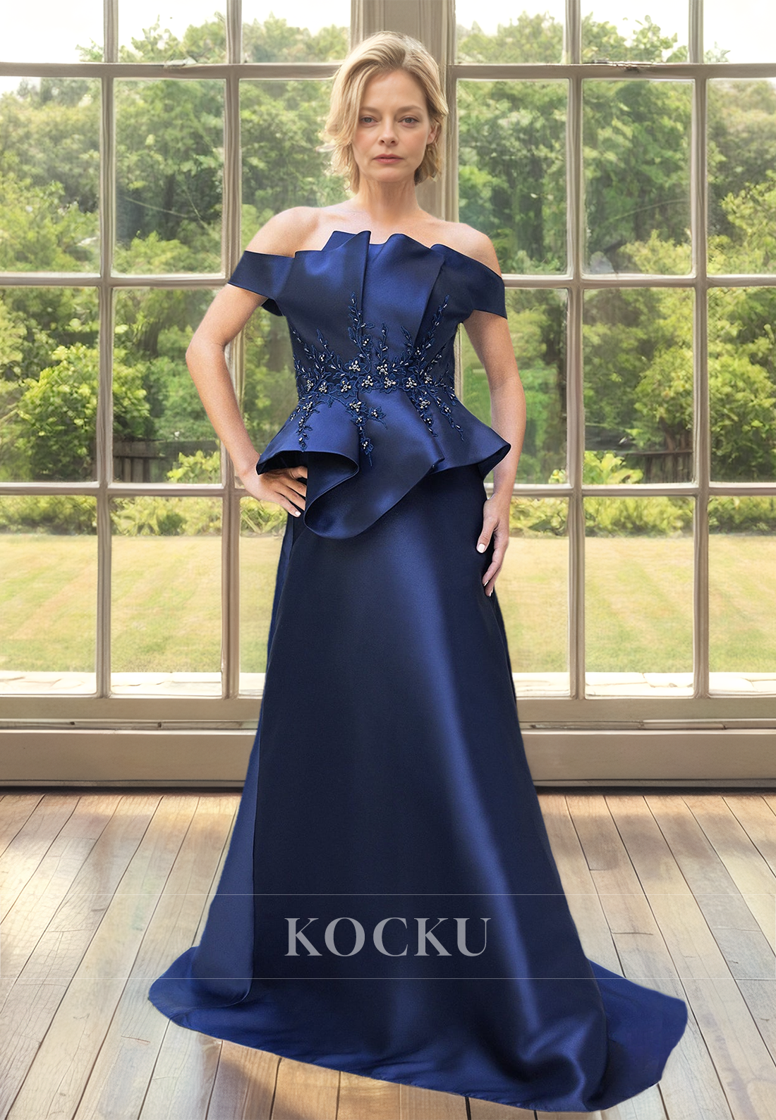 Elegant&Luxurious Off-Shoulder A-Line Sleeveless Appliques Satin Mother of Bride Dress with Train