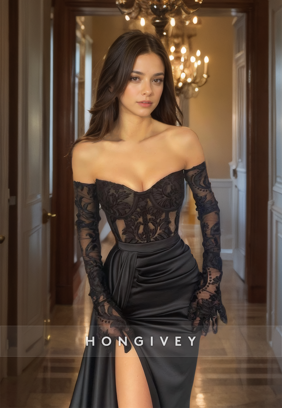 Lace Applique sheer High Slit With Train Evening Party Prom Dress