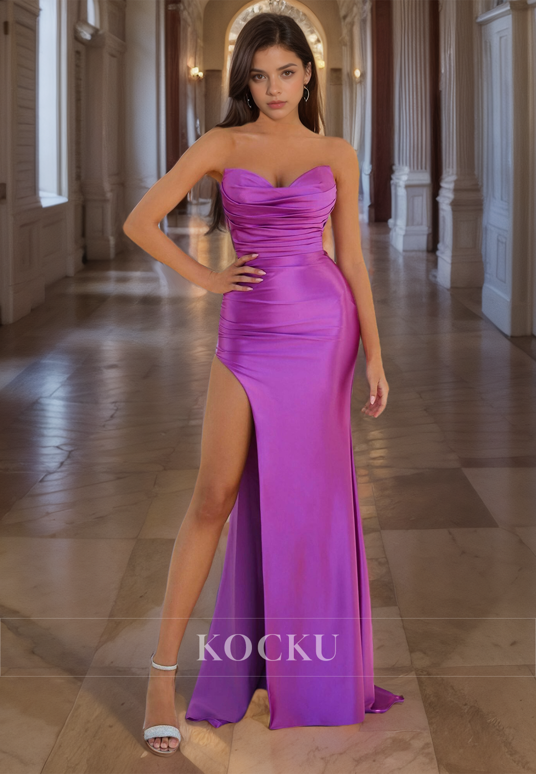 Elegant Sheath Sleeveless Prom Gown Sweetheart Satin Party Dress with Side Slit