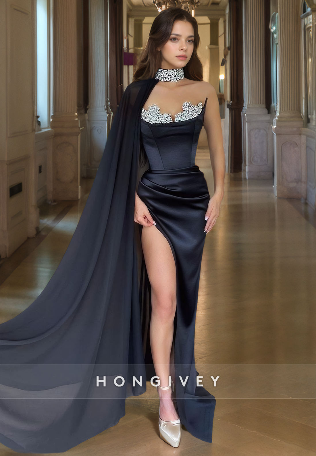 HONGIVEY Elegant Black Beaded Formal Evening Dress with Cape Floor Lenghth Prom Gown - Fashionpara