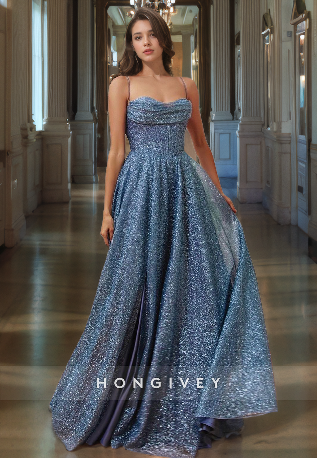 Sexy A-Line Glitter Sweetheart Spaghetti Straps Empire With Side Slit Party Prom Evening Dress