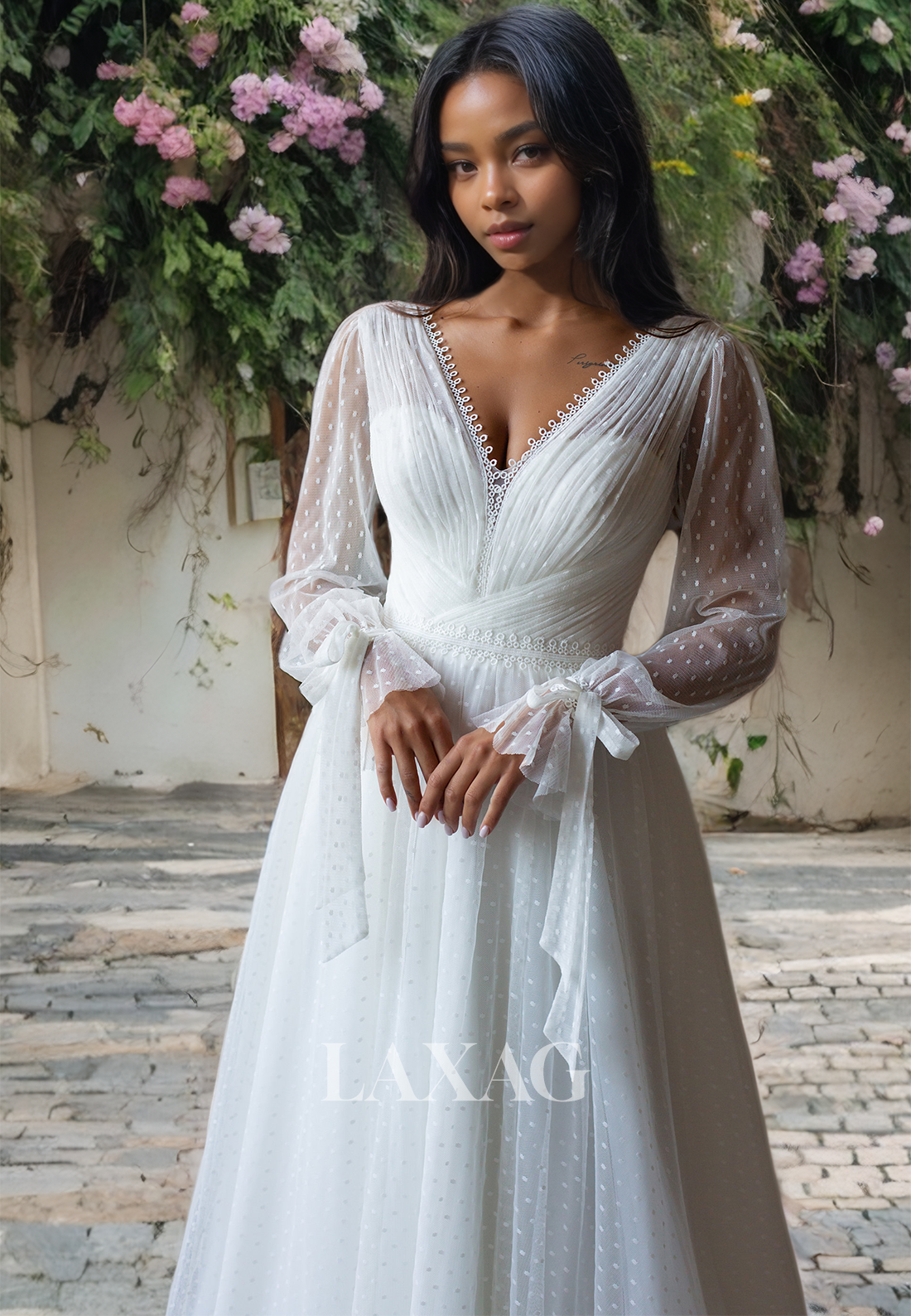 V-Neck A-Line Polka Dot Tulle Beach Long Sleeves Wedding Dress - Fashionpara