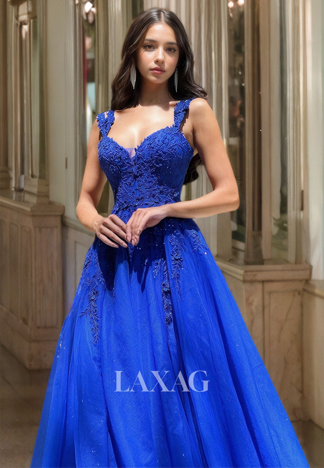 Sweetheart Spaghetti Straps Sleeveless A-Line Prom Dress Beaded Applique Pleated Party Gowns