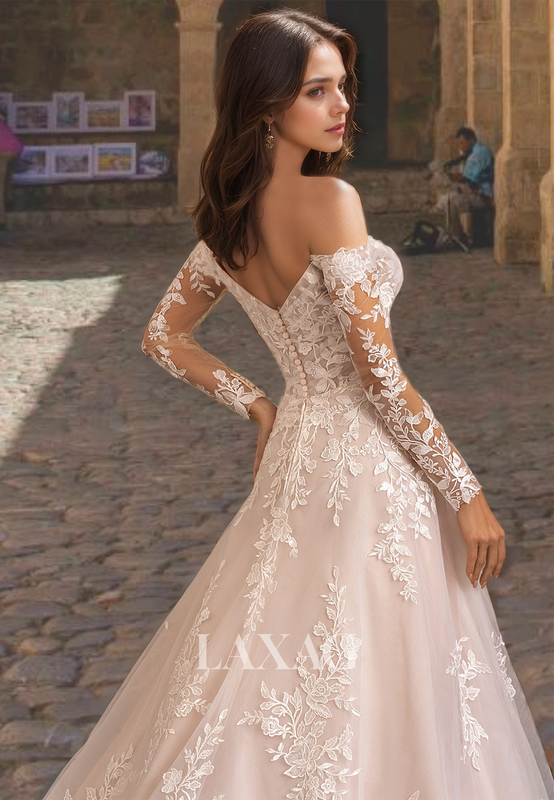 Sweetheart Long Sleeves Wedding Dress with Lace Appliques Sweep Train A-Line Bridal Gowns - Fashionpara