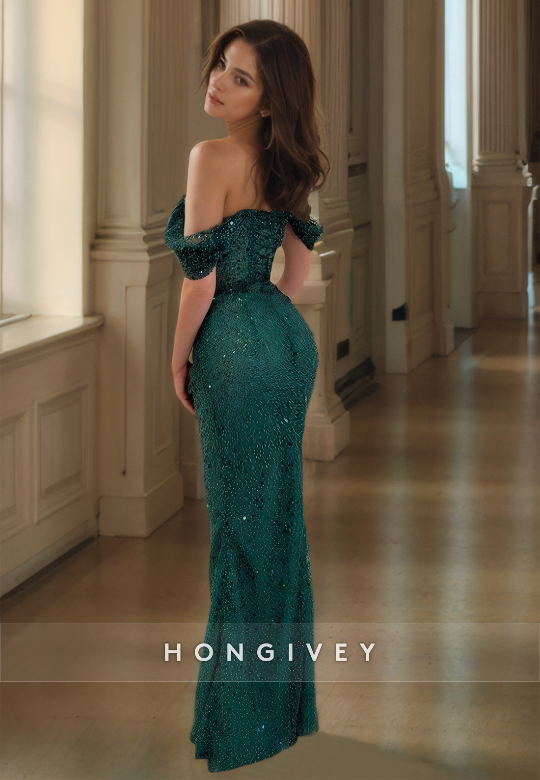 HONGIVEY Glitter Off-Shoulder Mermaid Mermaid Elegant Pine Floor Sequined Prom Gown - Fashionpara