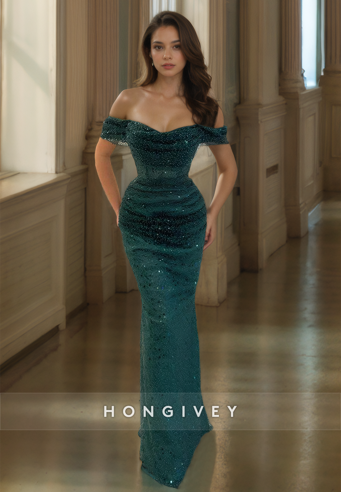 HONGIVEY Glitter Off-Shoulder Mermaid Mermaid Elegant Pine Floor Sequined Prom Gown - Fashionpara