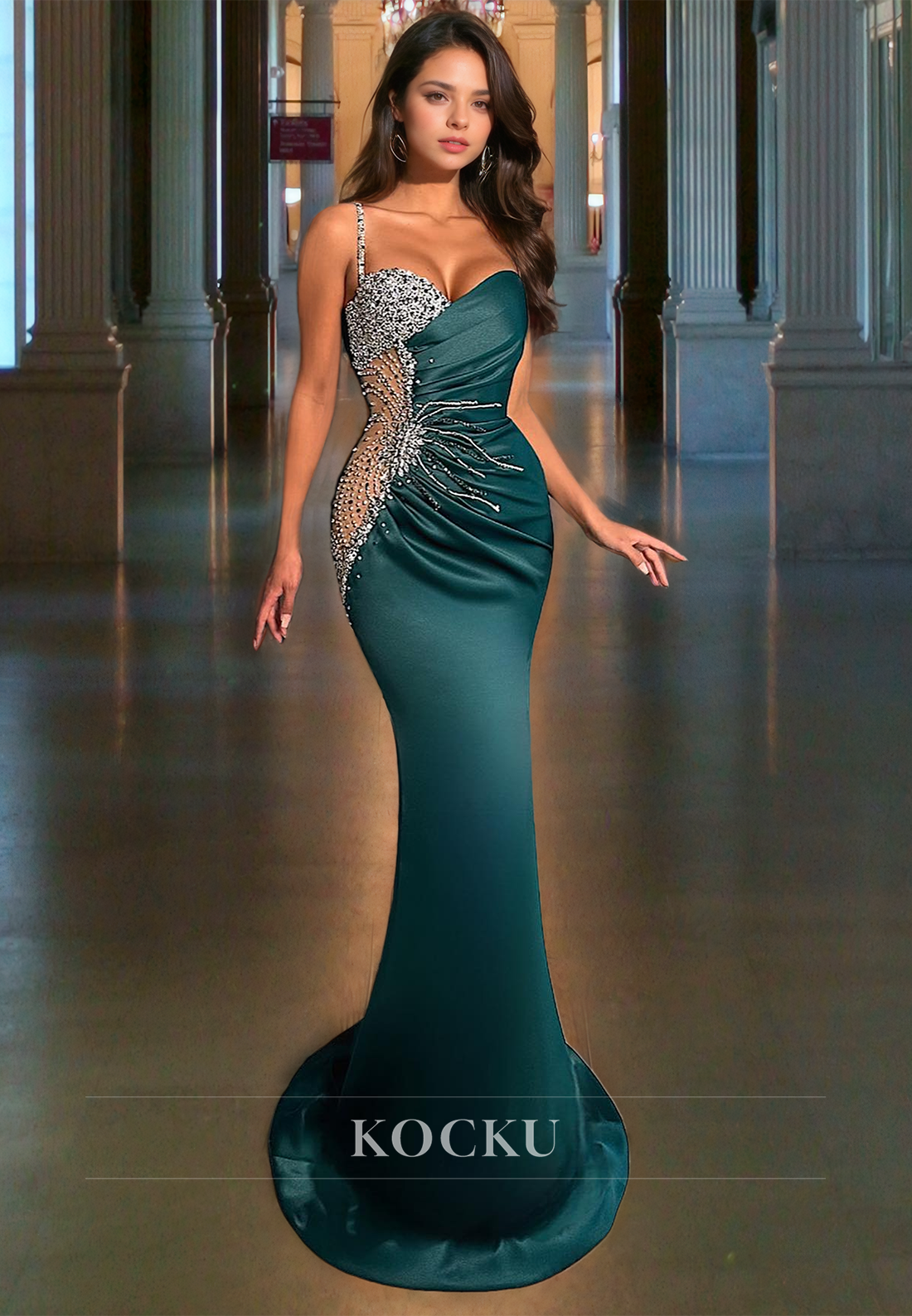 Sweetheart Mermaid Spaghetti Straps Sweep Train Pleated Satin Formal Gowns with Beads Prom Dress