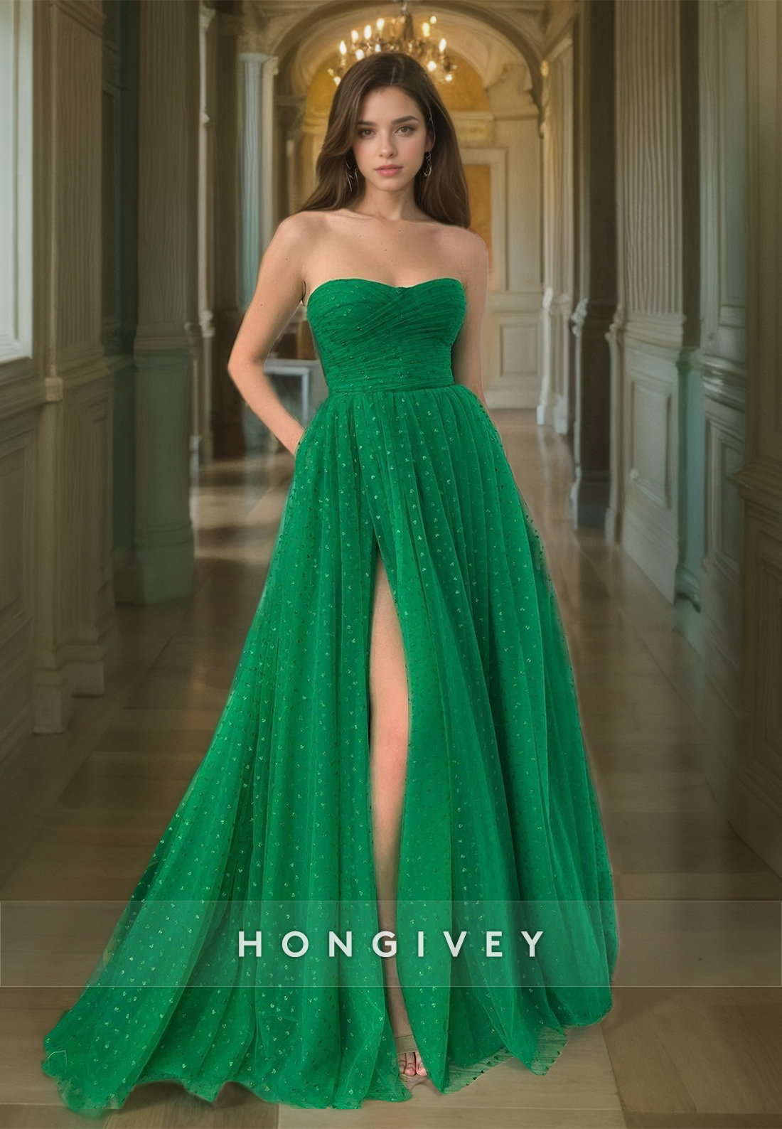 Green Polka Dot Tulle Prom Dress Strapless A-Line Sweetheart Ball Gown