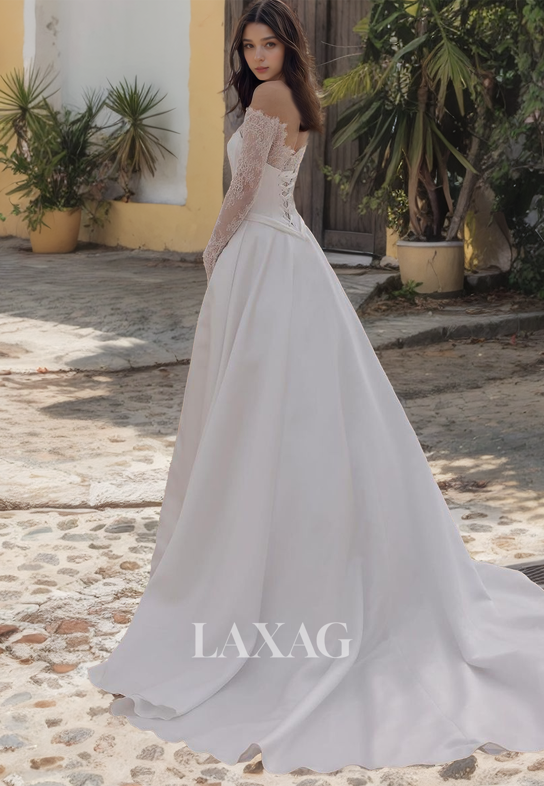 Off-Shoulder Lace Long Sleeves Formal Bridal Dress with Sweep Train A-Line Wedding Dress - Fashionpara