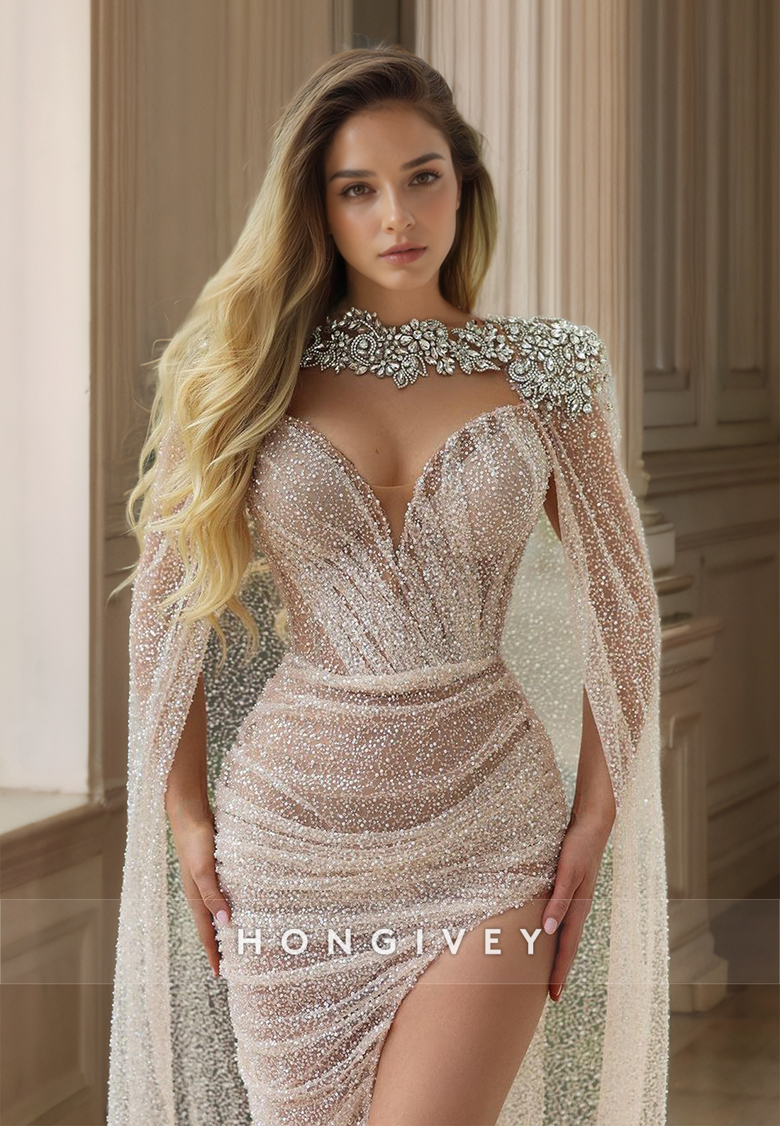 HONGIVEY Luxurious White Crystal Formal Evening Dress with Cape Beaded Long Prom Gown - Fashionpara