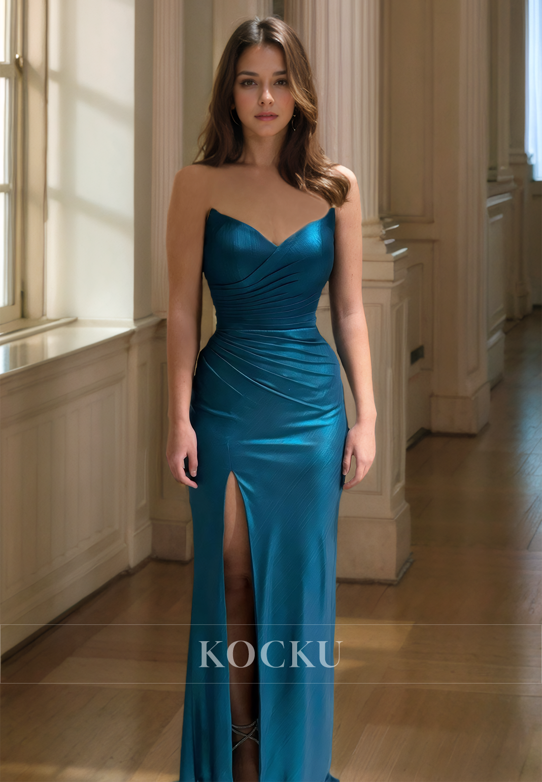 Sweetheart Sheath Sleeveless High Split Pleated Satin Prom Dress Evening Party Dress with Slit