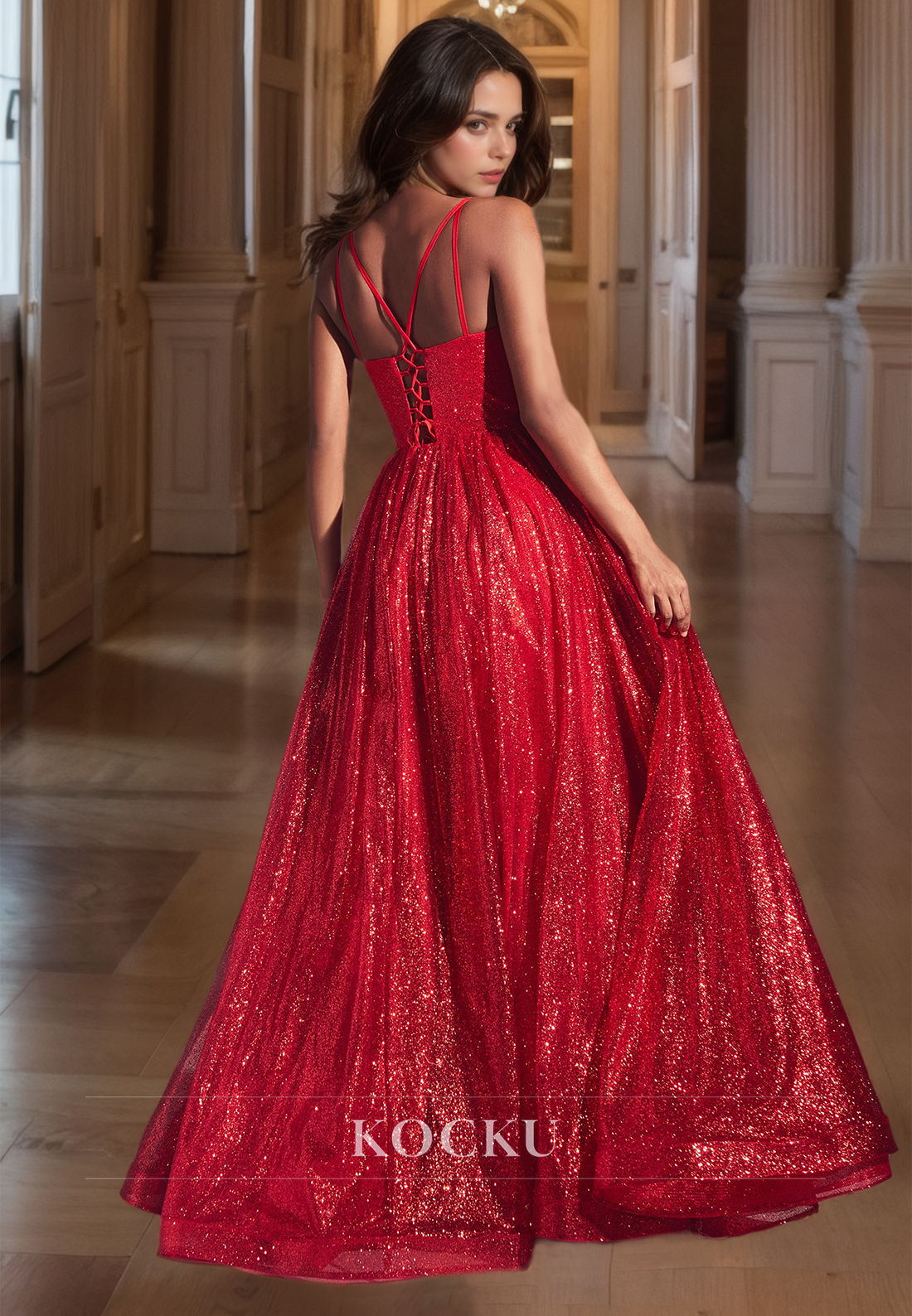 Sweetheart A-Line Spaghetti Straps Sleeveless Glitter Lace Evening Dress with Pleats Prom Dress